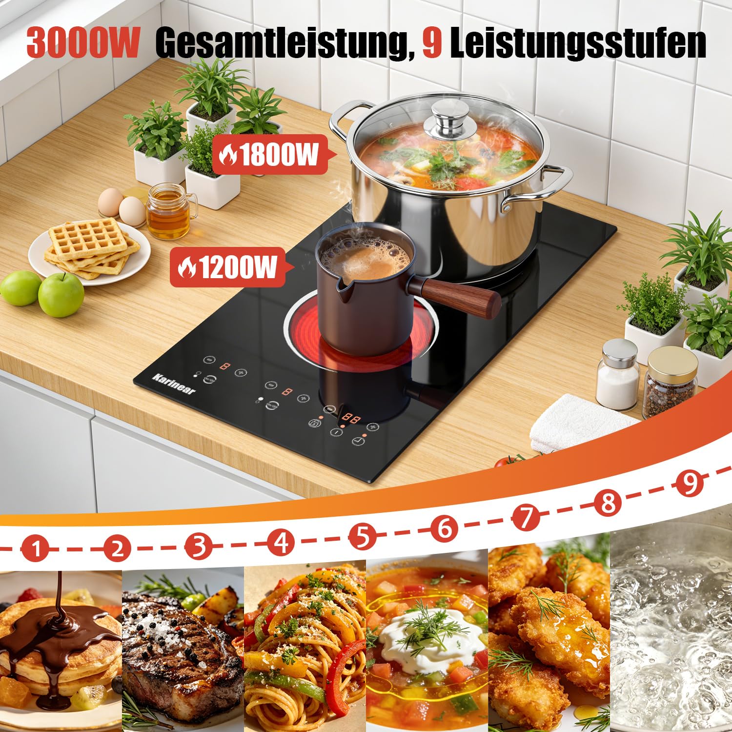 Karinear Glaskeramikkochfeld 2 Platten mit Stecker, Keramikkochfeld Doppel, 3000W Unabhängige Touch-Steuerung, Herdplatte 2 Kochfelder, Timer, Sicherheitsschloss, 240V