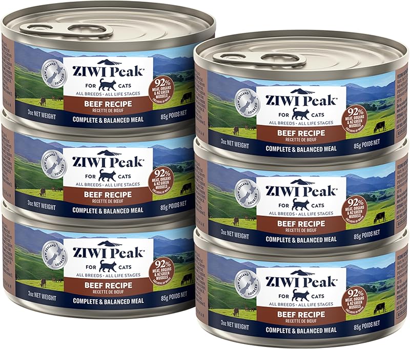 ZIWI Ração Úmida para Gatos com Carne Bovina, Vísceras e Mexilhão Verde, Sem Grãos, Lata de 85 g — Pacote com 6