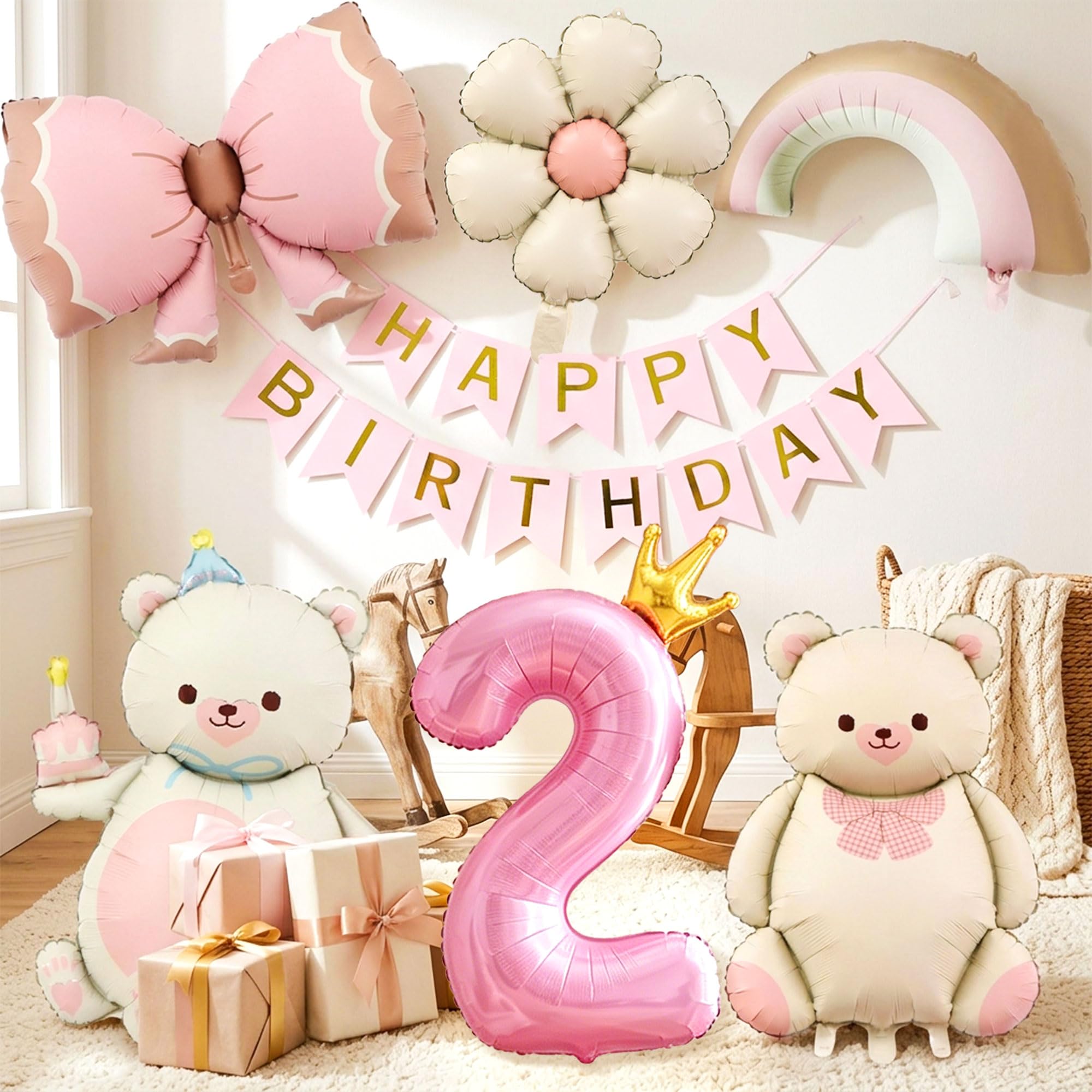 2nd Birthday Decorations for Girls Bear Number 2 Balloon Flowers Balloons