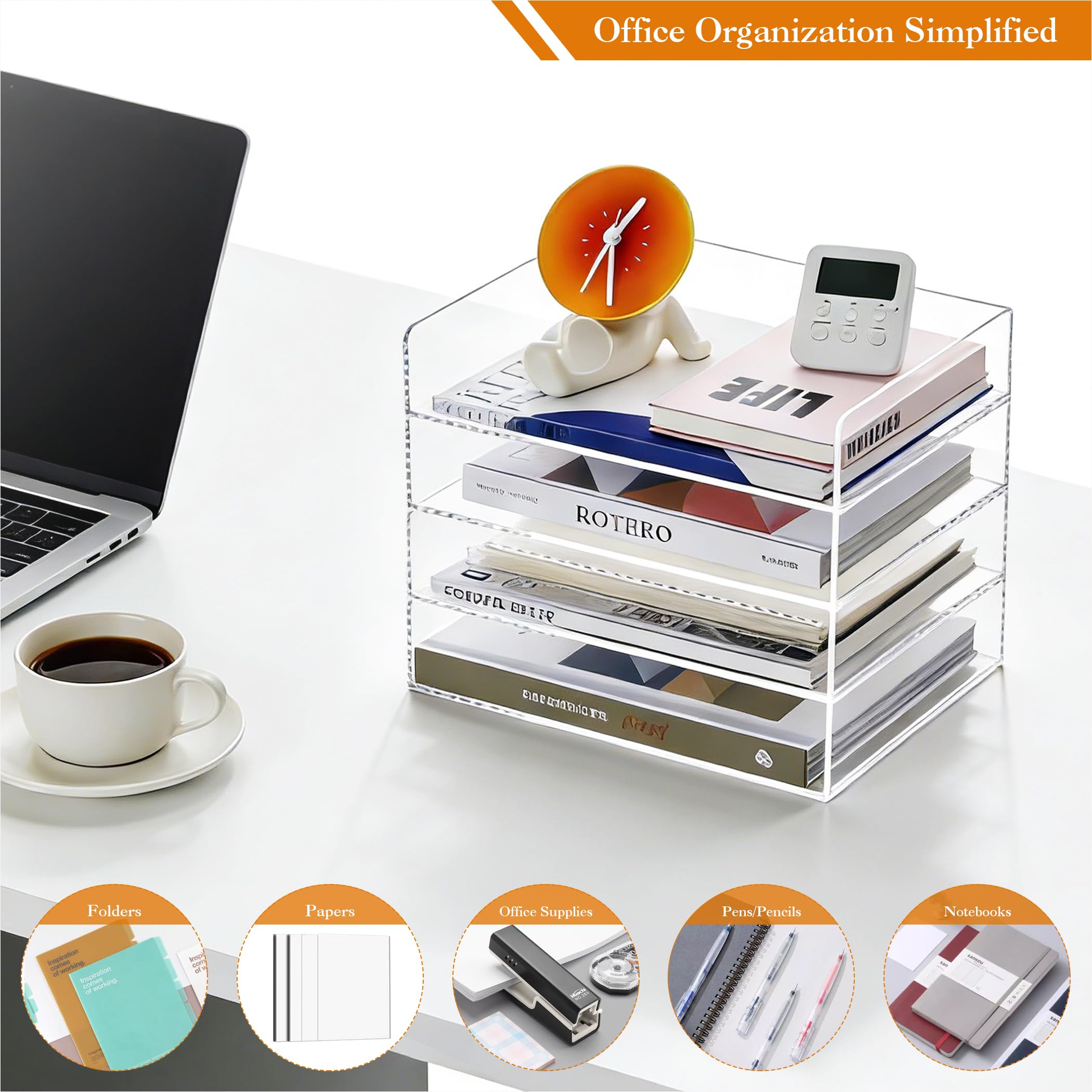 HeZone Organizer per carta a 4 ripiani per scrivania, vassoio per carta acrilica, trasparente, impilabile, organizer da scrivania per documenti, documenti da ufficio, carta A4