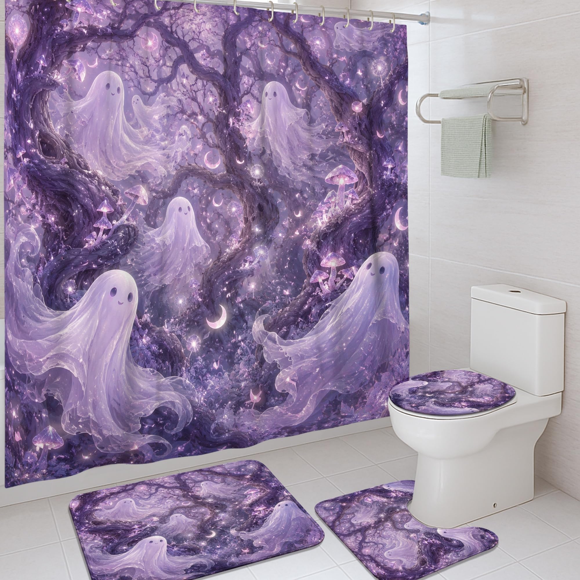 Rideaux de douche fantômes violet arbre magique en tissu imperméable