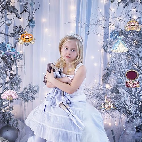 Miniatura 2 de 32 adornos de princesa de Navidad para fiestas de princesa, decoraciones colgantes de madera, carruaje de calabaza, vestido de castillo, recortes de