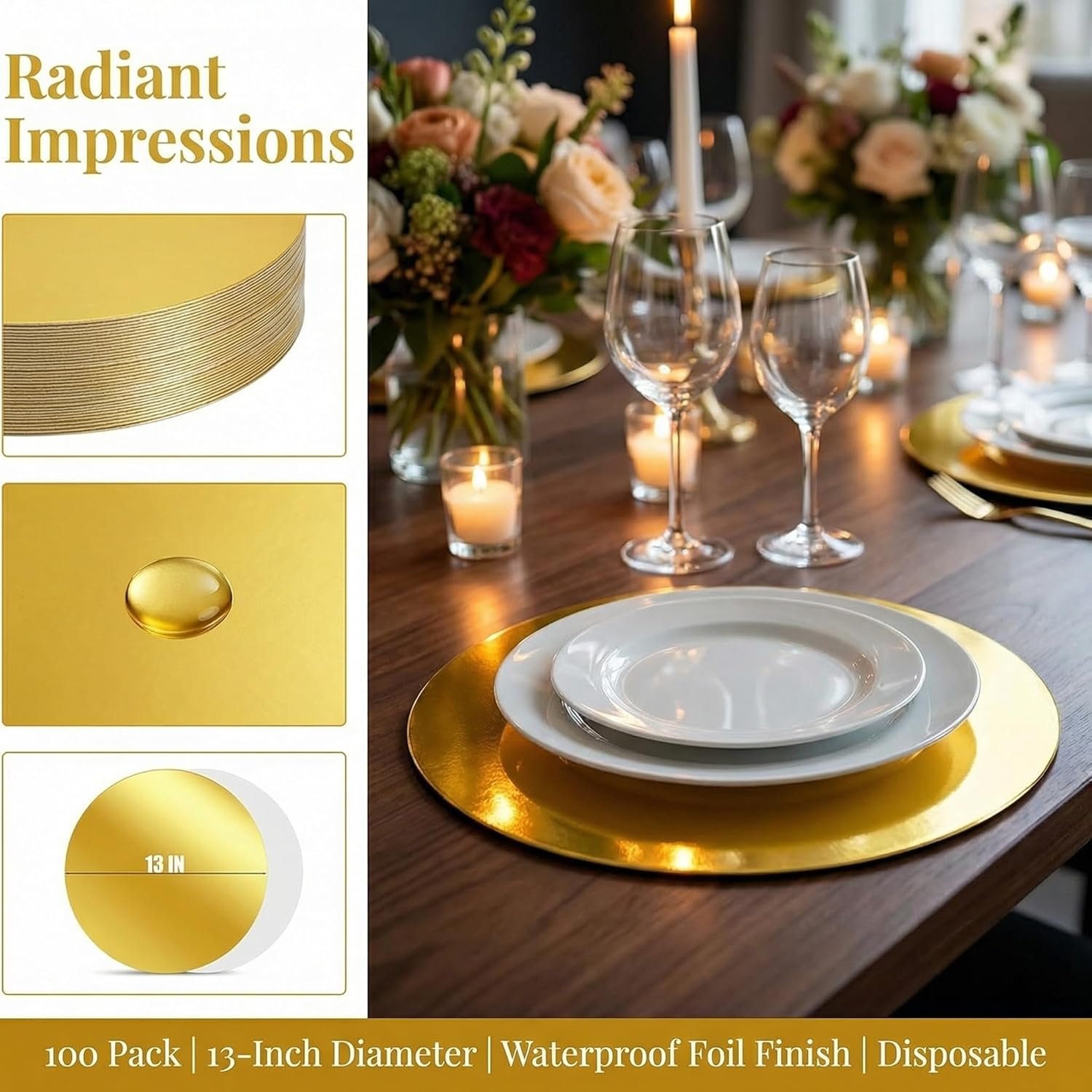 Cedilis 100PCS Disposable Gold Paper Charger Plate, 13" Round Gold Placemats for for Elegant Table Decor, Perfect for Weddings, Holiday Parties, Receptions