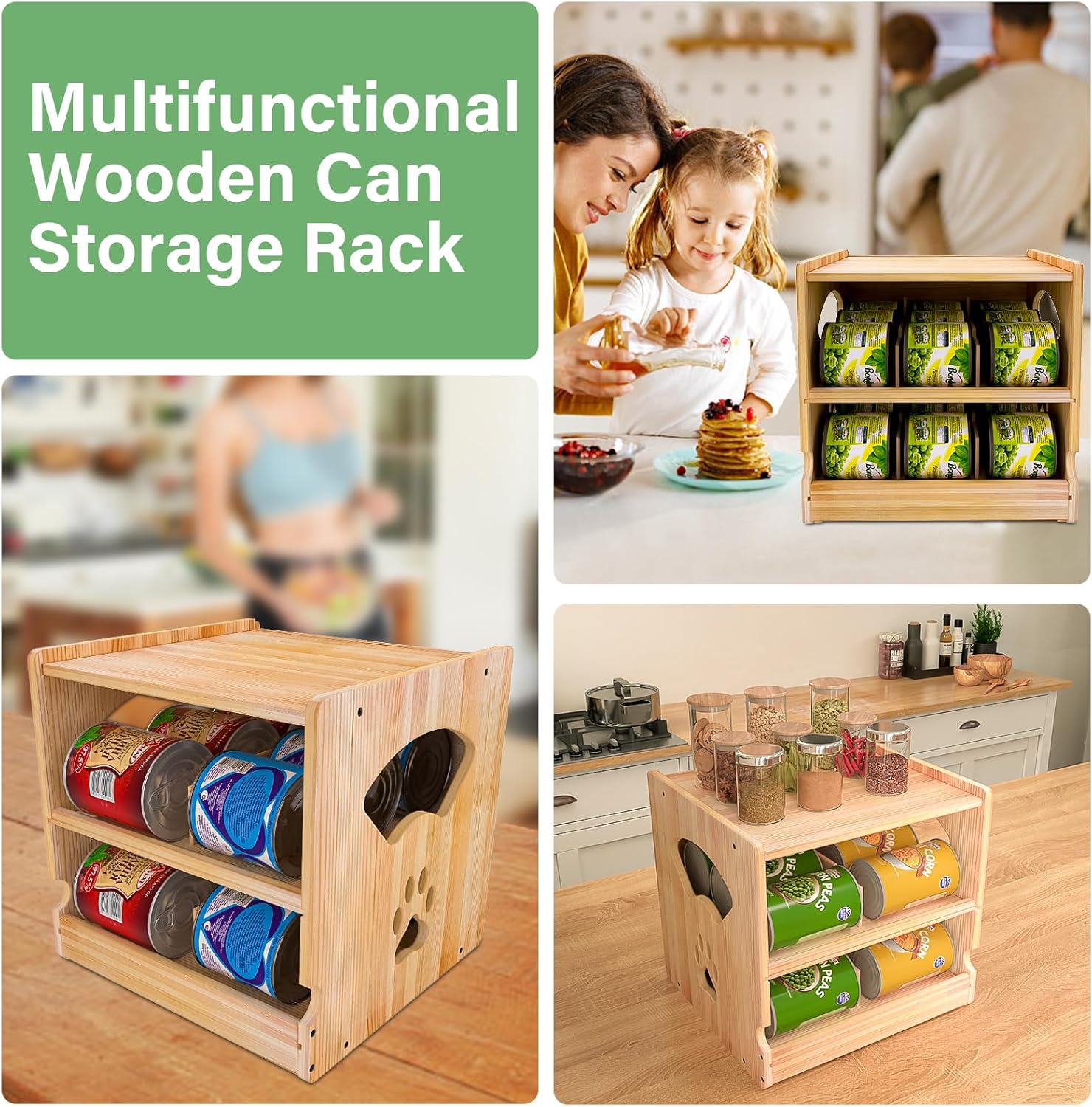 Wood Cat Can Organizer for Pantry, 2 Tier Stackable Can Storage Rack for Kitchen Counter And Cabinet Cat Food Storage Container Holds 36 (3oz) Cans FIFO Design