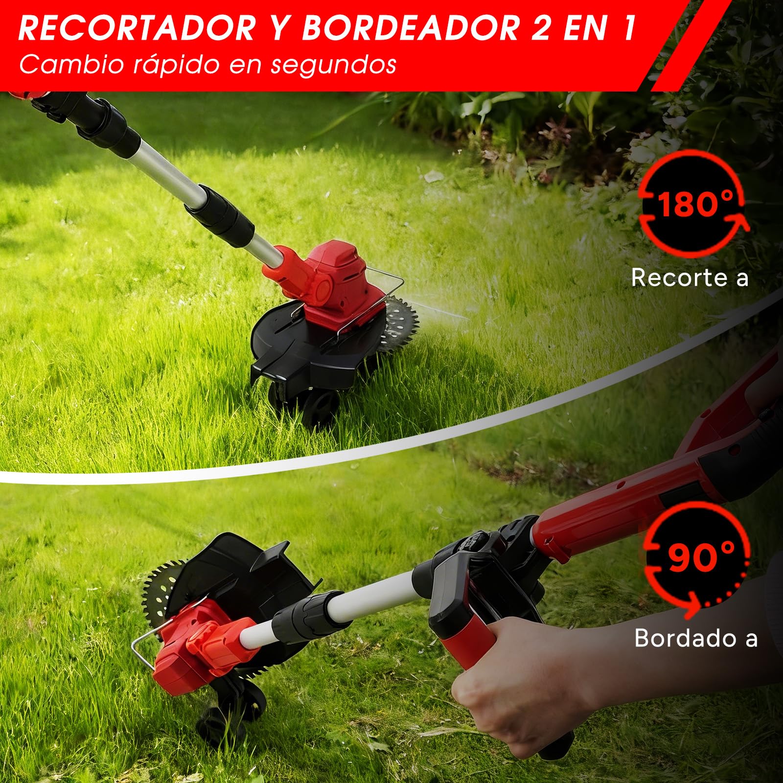 OUTIGO Cortacésped inalámbrico, Desbrozadora Bateria, batería de 2× 21V 4Ah, Cortabordes electrico 3 en 1, Mango telescópico Plegable, desbrozadora de jardín a batería