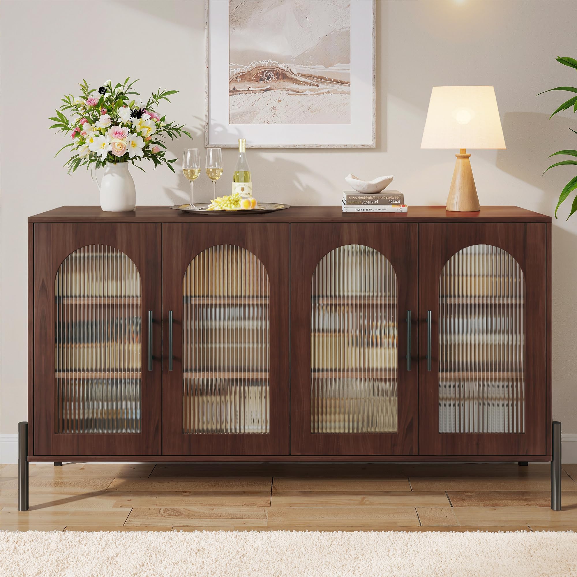 55" Buffet Cabinet with Storage, Large Sideboard Buffet Cabinet with 4 Doors & 2 Adjustable Shelves, Modern Sideboard Storage Cabinets for Kitchen Living Room Entryway, Walnut