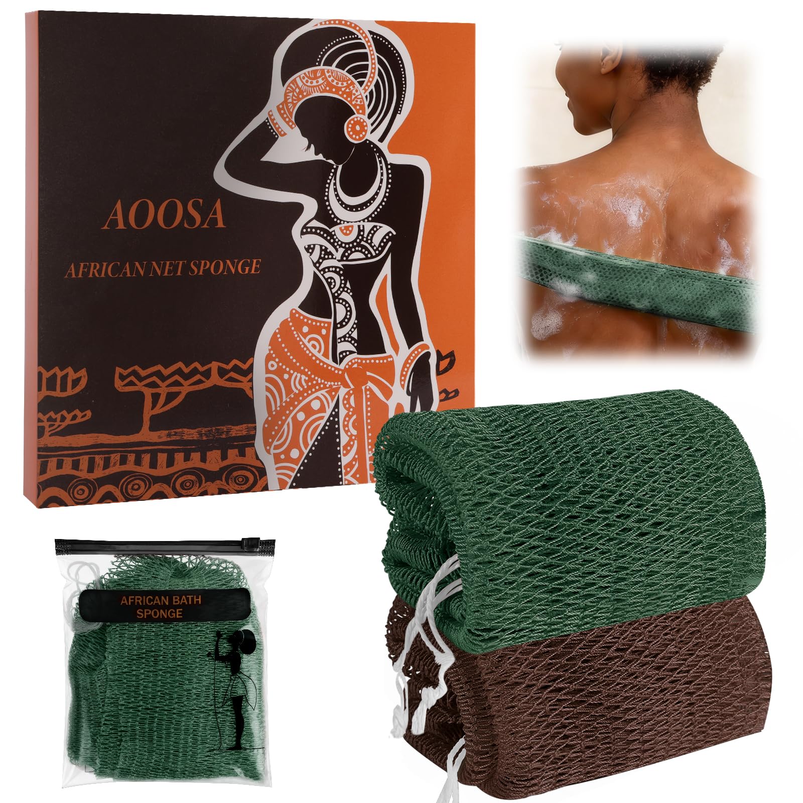 AOOSA 2 Stück African Net Sponge, Afrikanischer Netzschwamm mit Knoten, Lang Schnelltrocknend Rückenschrubber, Tiefenreinigender Peeling-Netzschwämme für Männer Frauen, Duschnetz für Glattere Haut