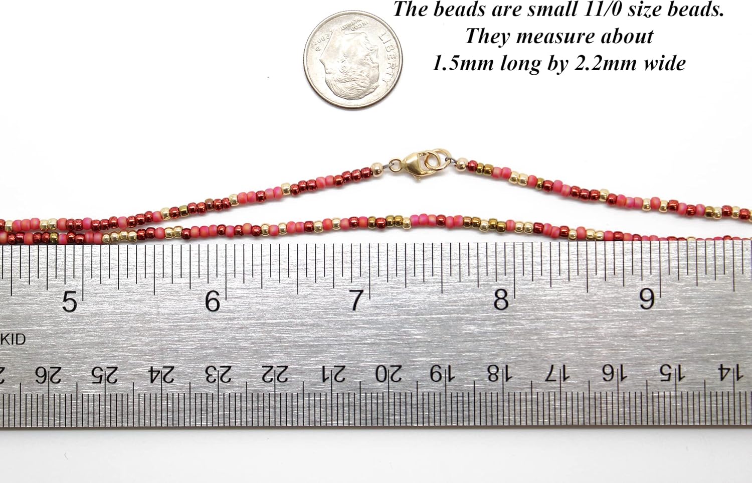 Handmade Multi Color Burgundy and Gold Seed Bead Necklace, Thin 1.5mm Single Strand