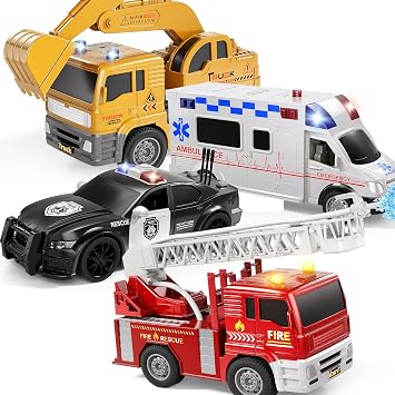 Emergency Vehicle Toys, Toy Cars for Toddlers 1-3 with Fire Truck, Ambulance, Police Car, Excavator Toy, Friction Powered Truck with Light and Sound, Birthday Gifts for Boys and Girls Age 3-12