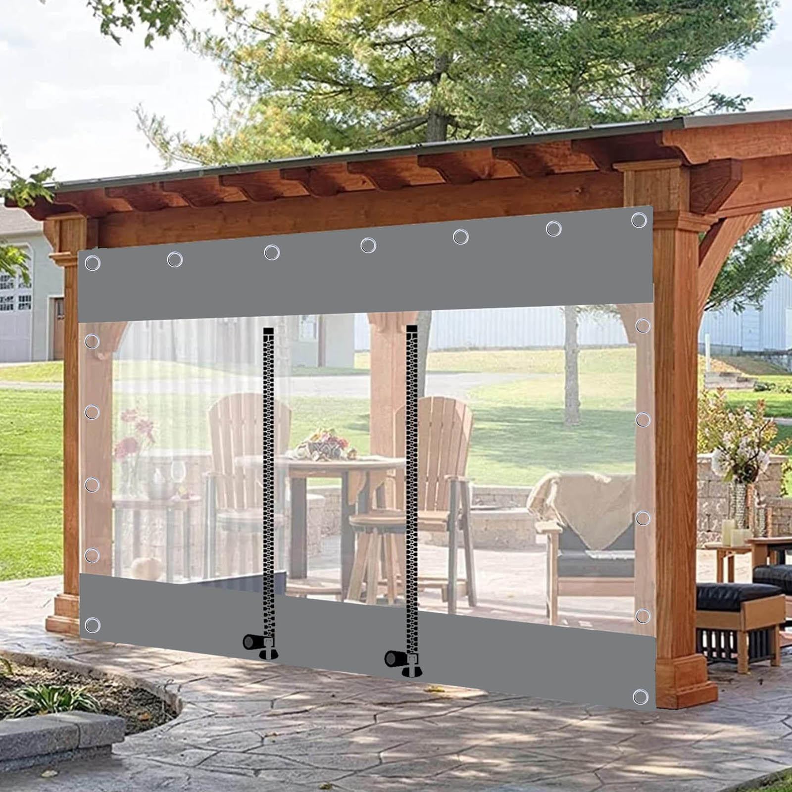 Pannelli Laterali in Telone Grigio Trasparente,Tende in Teloni Impermeabile Trasparenti Chiaro Per Esterni Con Porta a Zip,Tenda Antipioggia in Telo Pvc Per Pergola Patio,W×H-1.9×2.5m(6.2*8.2ft)