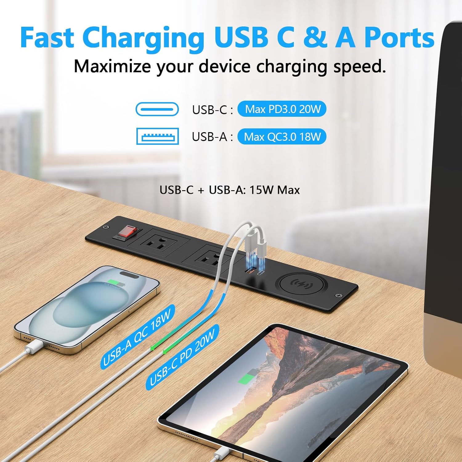 Recessed Power Strip Surge Protector, Conference Outlets with 2 AC, 2 USB-A, USB-C & Wireless Fast Charger, Desk Furniture Power Outlet for Home, Office, Workstations, ETL Listed