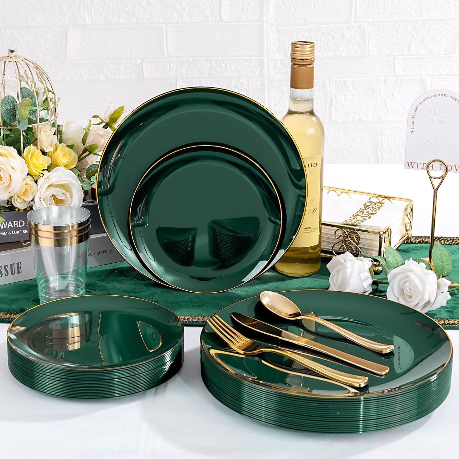 YOUBET 175PCS Green Plastic Plates - Green and Gold Disposable Plates Include 50 Plate, 75 Silverware, 25 Cups, 25 Napkins for Wedding & Party