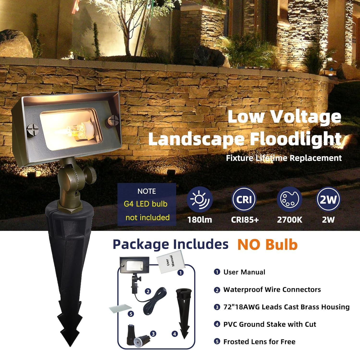 Cast Brass 12V Flood Light, Low Voltage Flood Light Outdoor with Adjustable Knuckle Mount, Without Bulb, Waterproof Landscape Lighting of Outdoor Wall, Garden or Yard(1-Pack Without Bulb)