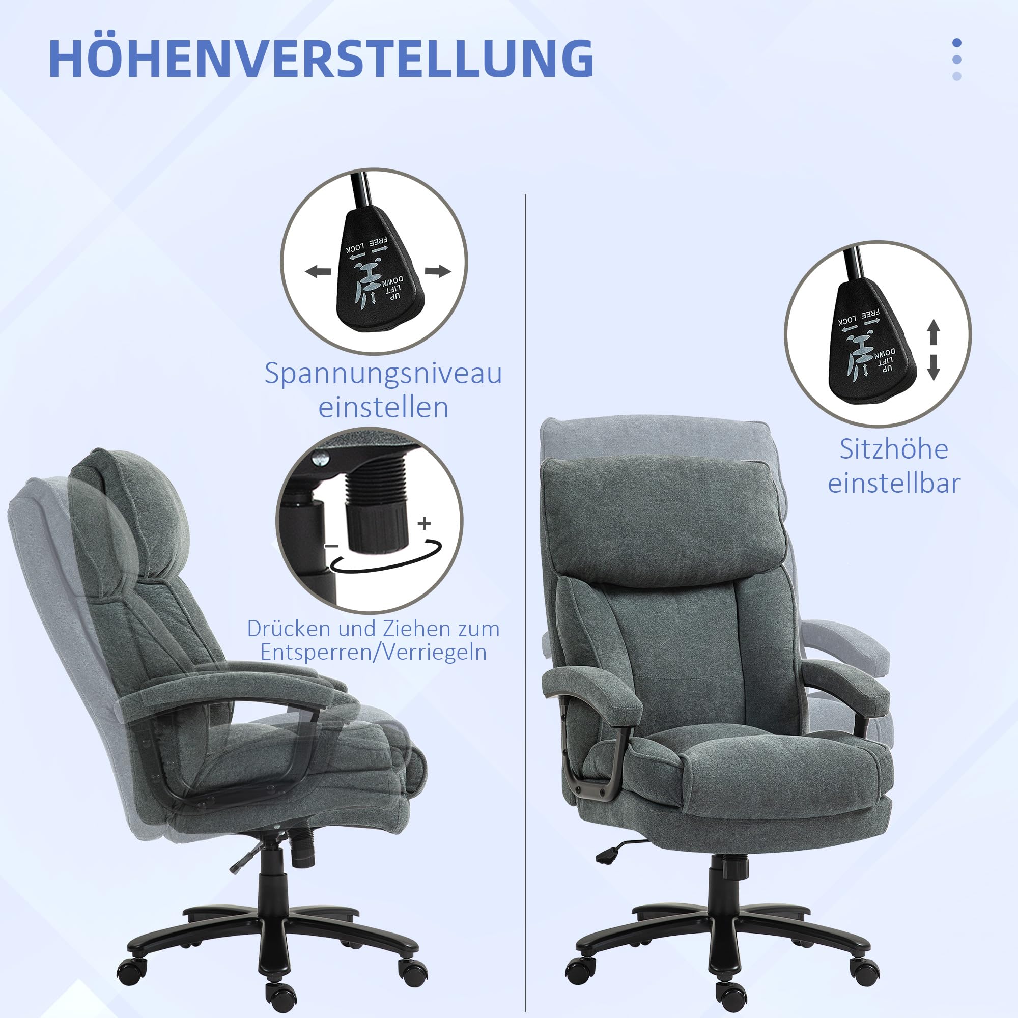 HOMCOM Chefsessel Bürostuhl bis 200 kg Ergonomischer Schreibtischstuhl mit Samtoptik, Hoher Rückenlehne, Höhenverstellbar Drehstuhl mit Breitem Sitz, Wippfunktion, für Büro und Homeoffice Grau