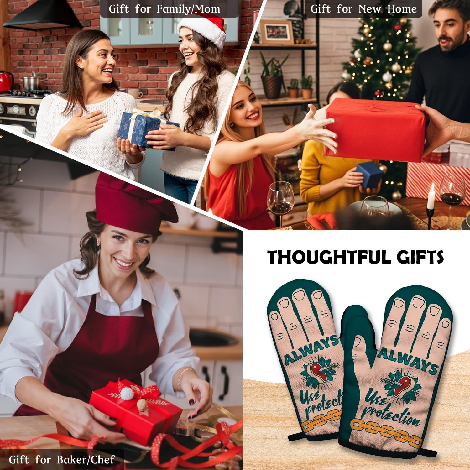 ZHANTUONE Always Use Protection Funny Heat Resistant Oven Mitts 2-Piece Set with Silicone Non-Slip, Humor Home Kitchen Cooking Baking Gadgets, Gifts for Bake Lover Bakers Husband Wife Sister BFF - Image 6