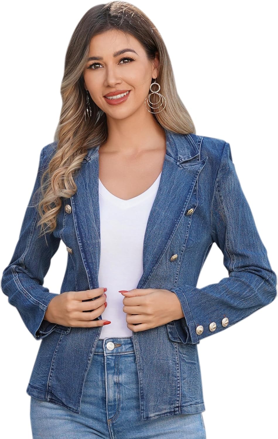 Denim Blazer Suit for Women Casual Jacket Button Down Early Spring Fall Work Office Business Blazer