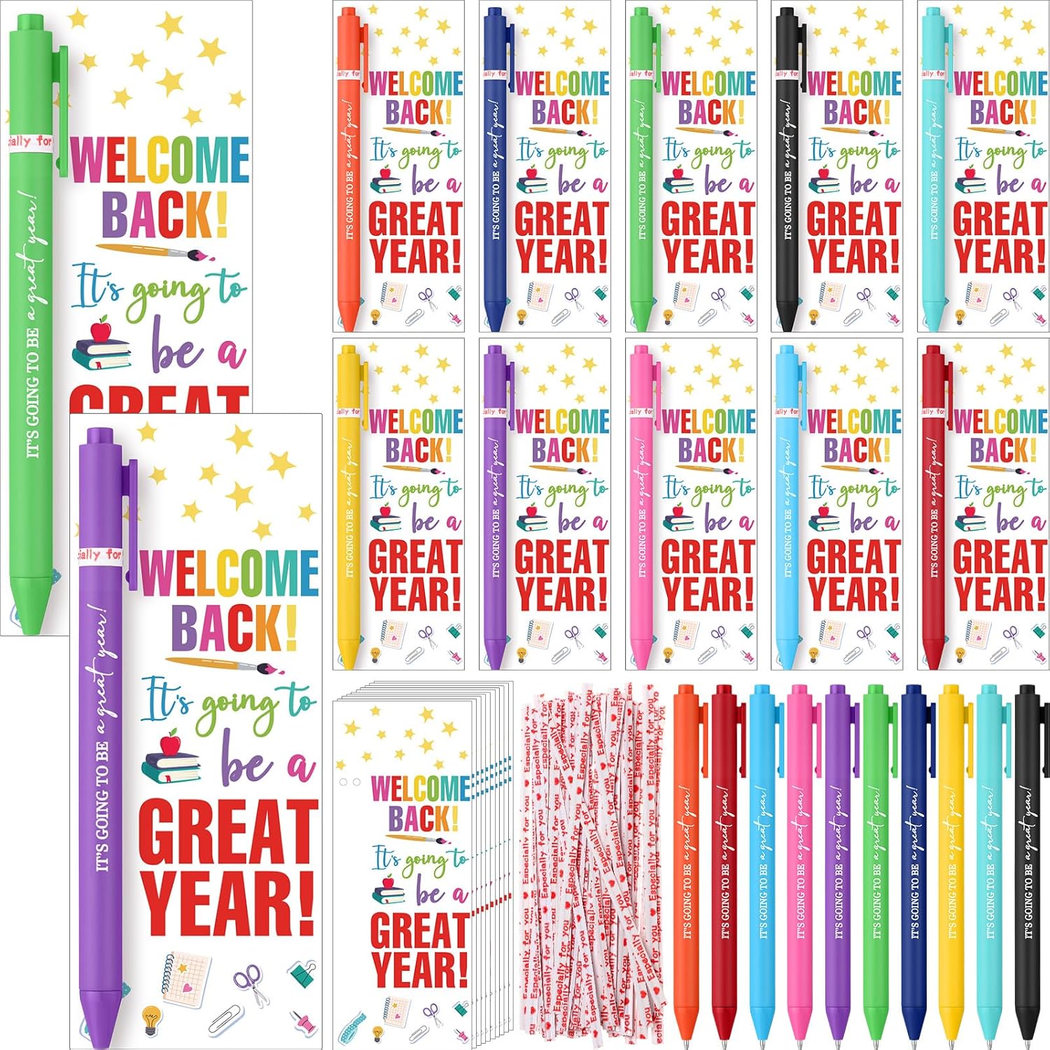 MotiMind 100 Set Welcome Back To School Supplies Gift Bulk Include Greeting Card with Tie and Inspirational Ballpoint Pen First Day of School Gift for Student Classmate Teacher Classroom (Vivid Color)