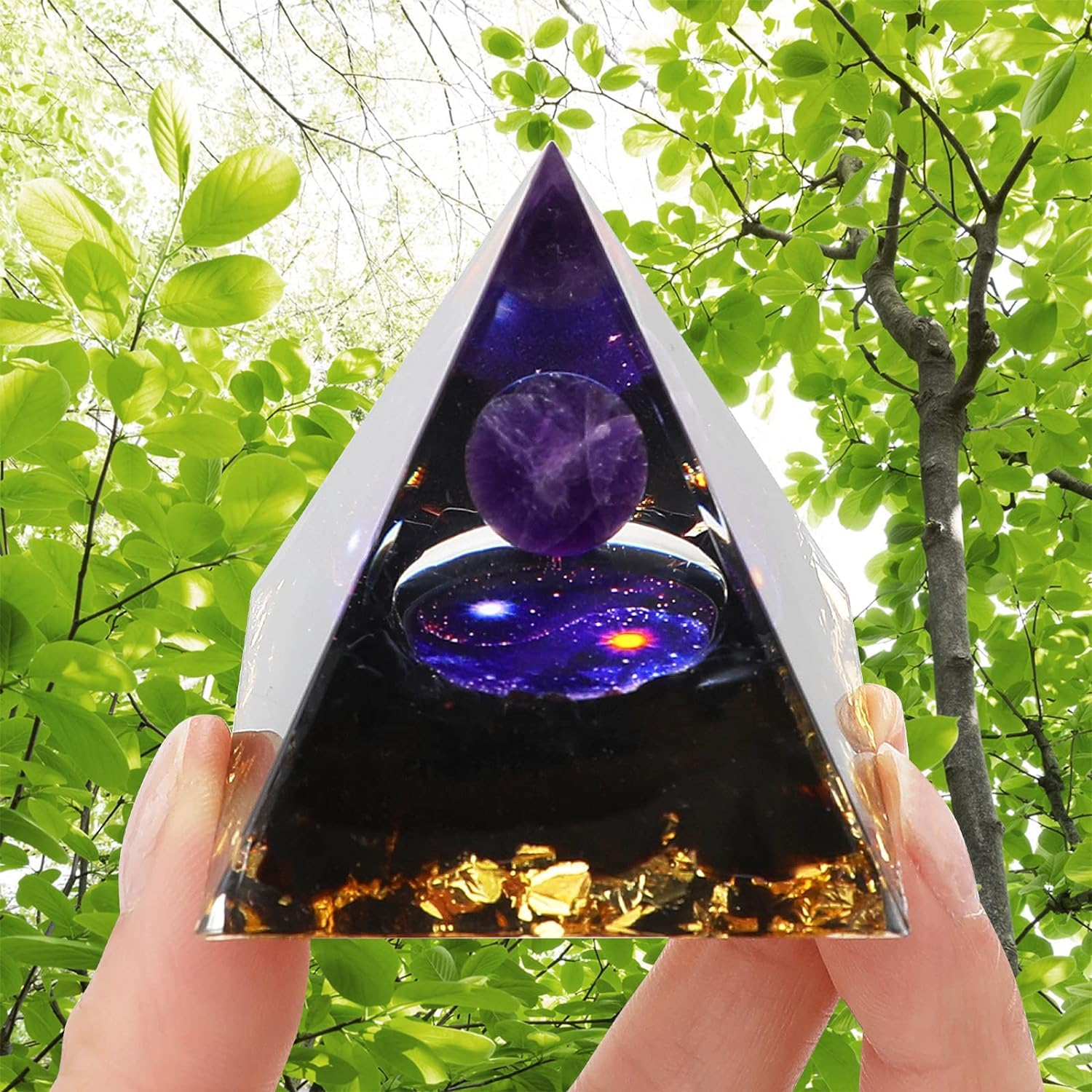 CHJGLNL Orgone Pyramid for Positive Energy, Handmade Pyramid Amethyst & Obsidian Healing Crystal Pyramids for Stress Reduce Healing Meditation Attract Wealth Lucky (Star Tai Chi)
