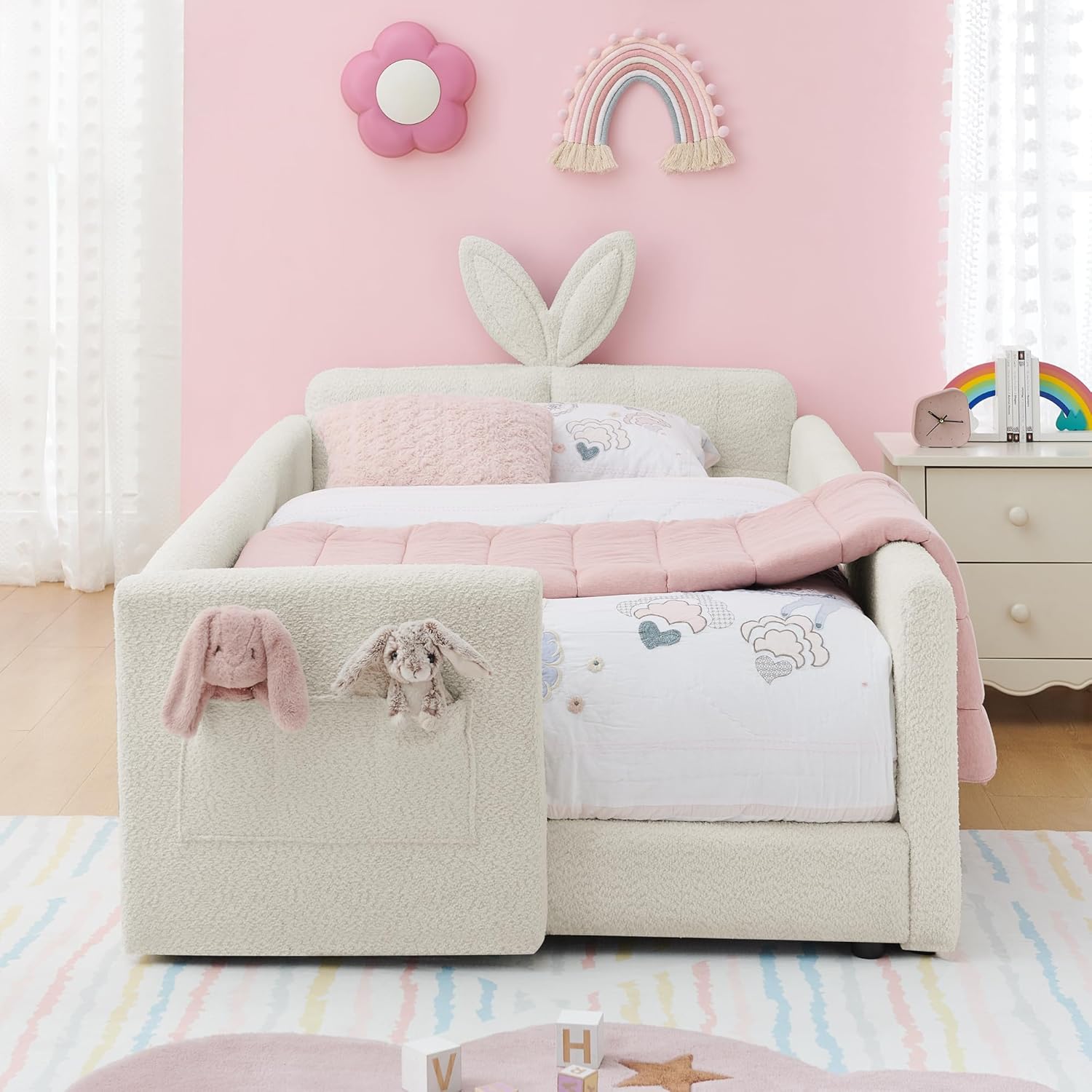 Twin Size Upholstered Platform Bed with Cute Rabbit Ear Shaped Headboard, with Safety Rail and Pocket, Boucle Fabric, Beige