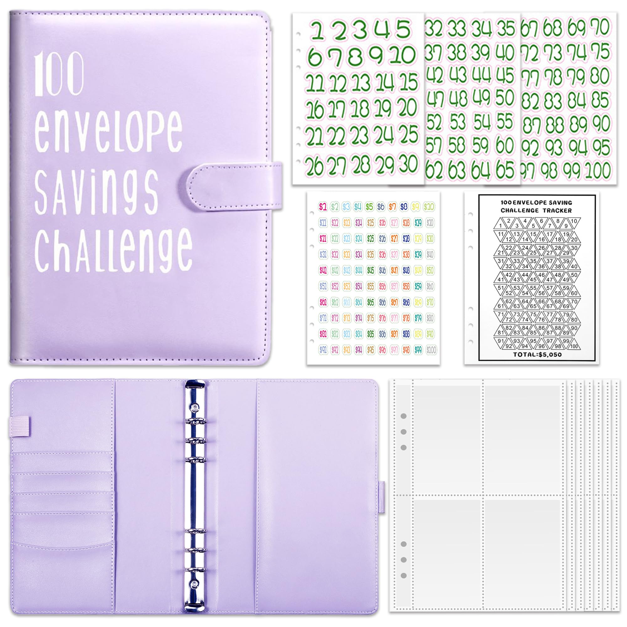 100 Envelopes Money Saving Challenge - A5 Pu Leather Money Saving Binder with Cash Envelopes, Purple Savings Challenges Book to Save $5,050 Budget Planner Book for Budgeting and Saving
