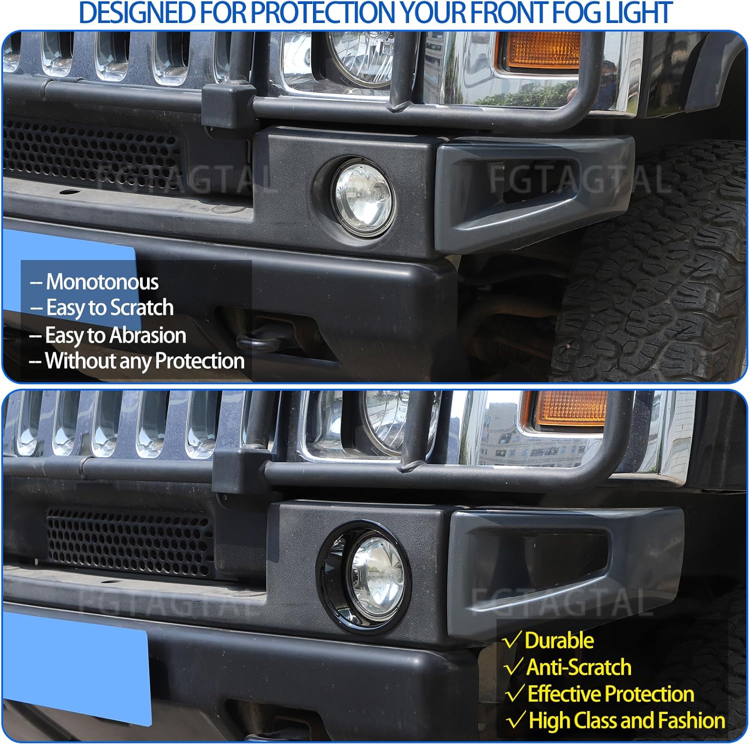 Front Bumper Driving Fog Light Ring Bezels Covers Trim Molding Fit for Hummer H2 2003-2009, ABS Front Fog Light Lamp Decoration Protector Accessories, 2PCS (Bright Black)