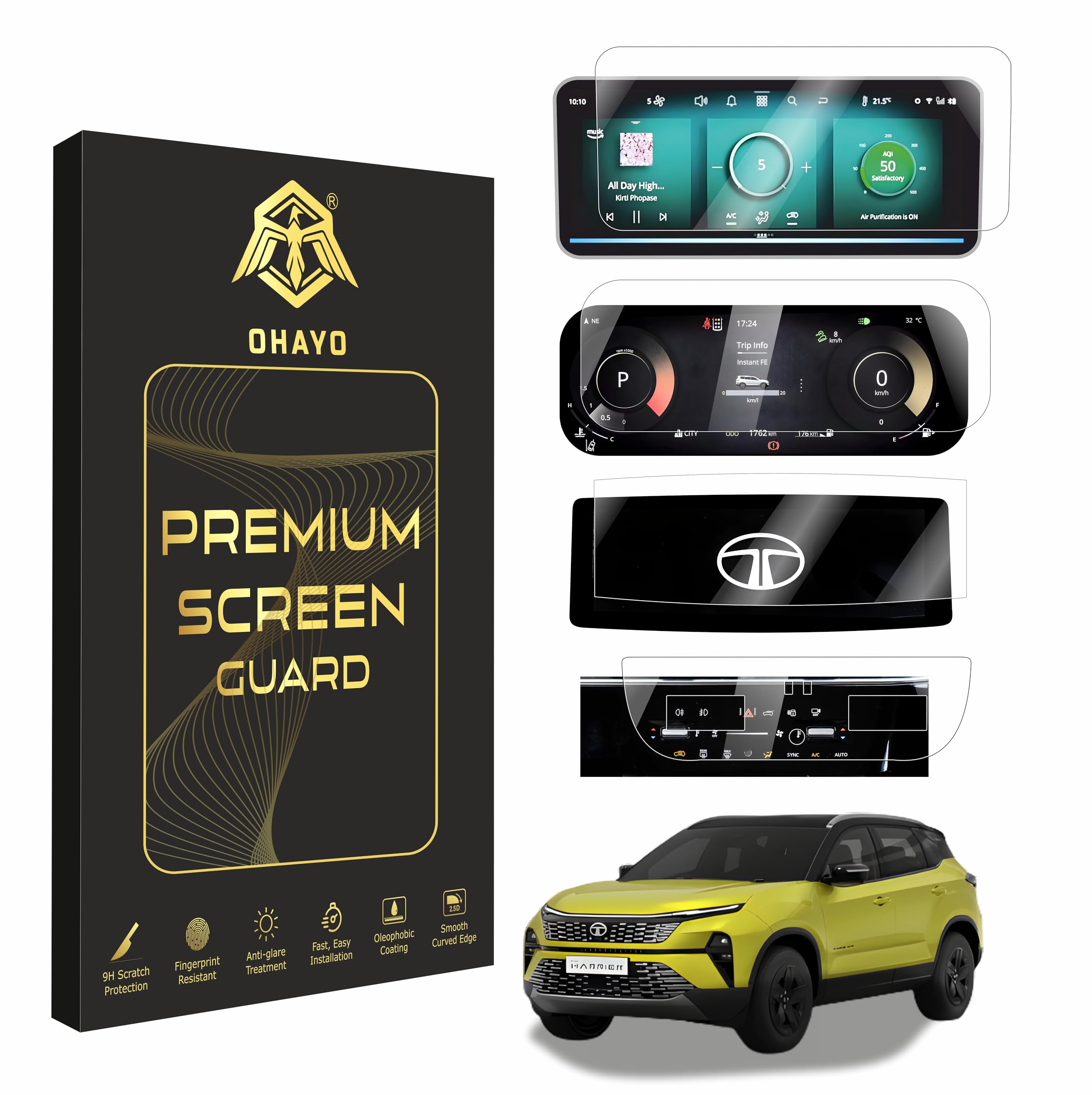 OHAYO 4 Pack Screen Protector for Tata Harrier 2023, 2024 & 2025 | 10.25 Inch Infotainment + Instrument Cluster + Steering Control + AC Panel Display Guard | 9H Hardness Military Strength Scratch Resistant HD Clear | Not Tempered Glass-image-15
