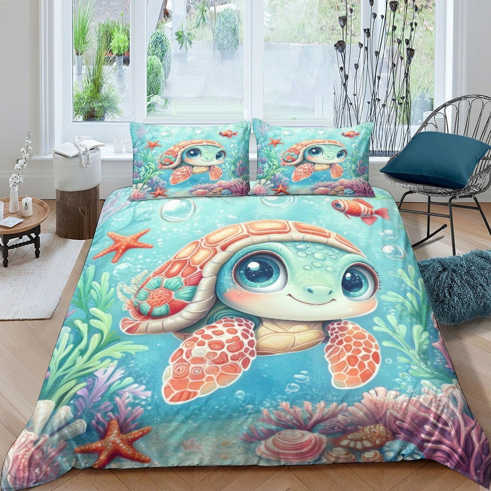 Ctjqhvkz Style-6 3D Printed Cartoon Sea Turtle Fitted Sheet Microfiber Soft Ocean Coral Bed Cover For Bedroom Guestroom Decor Single（135X200cm）