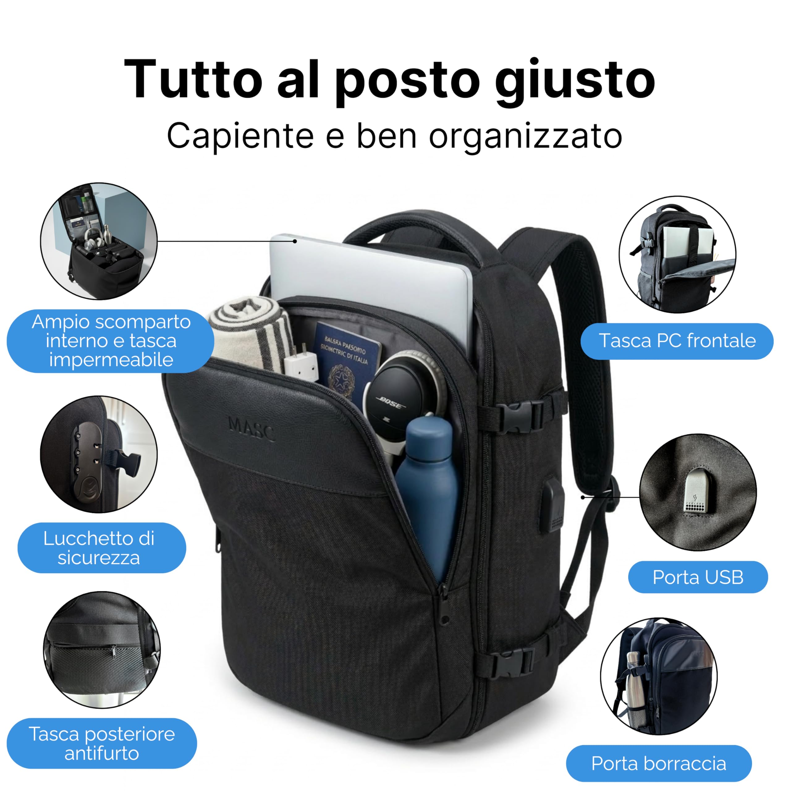 Zaino Ryanair 40x30x20 da Cabina Bagaglio a Mano 24L Porta PC Portatile Impermeabile con Lucchetto e Caricatore USB