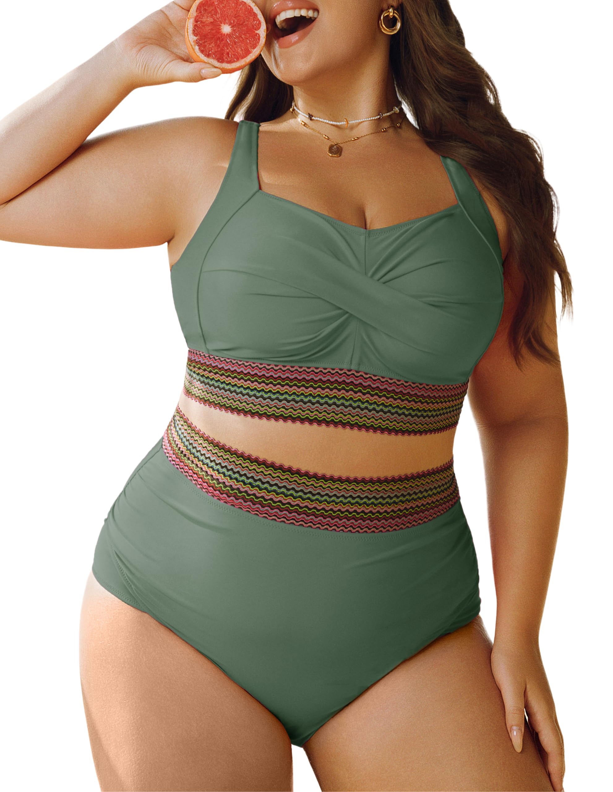 Hanna Nikole Womens High Waisted Bikini Sets Tummy Control Push Up Swimsuit 2025 Color Block Ruched 2 Piece Bathing Suit