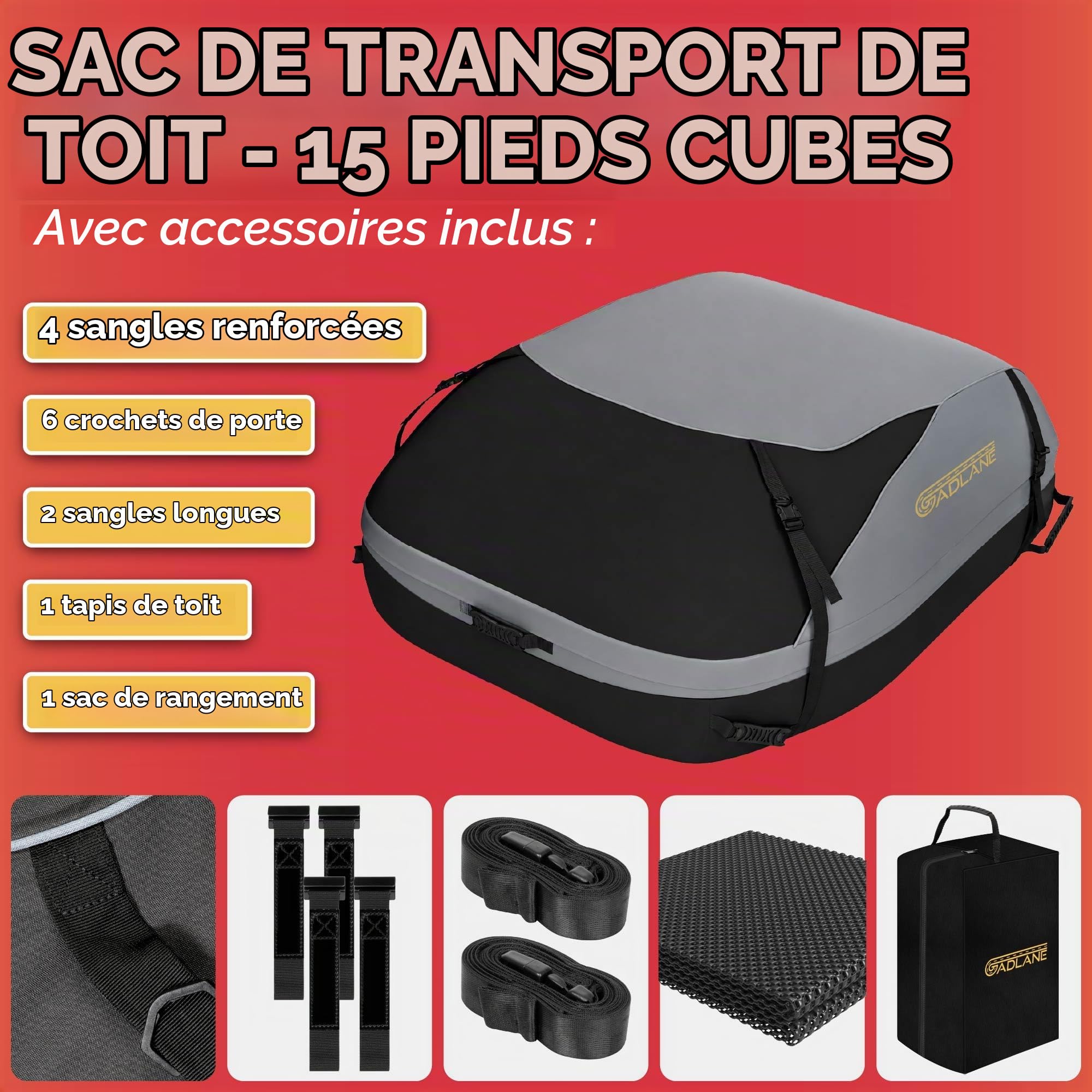 GADLANE Sac de Toit de Voiture - Coffre de Toit étanche 400L (Gris)