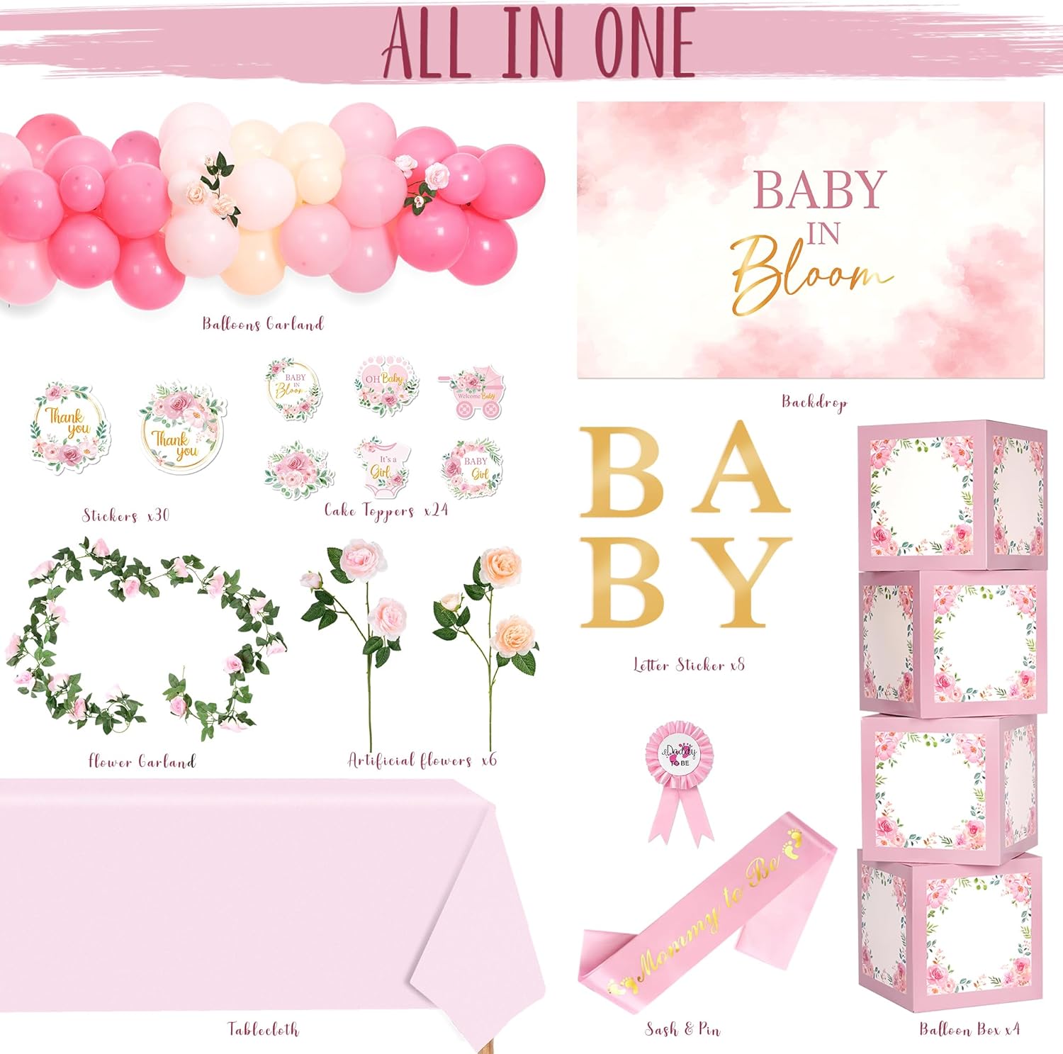 Baby in Bloom Baby Shower Decorations for Girl Balloon Arch Garland with Peony Artificial Flower All In One Floral Baby Shower Decoration with Baby Boxes, Tablecloth, Backdrop, Cake toppers