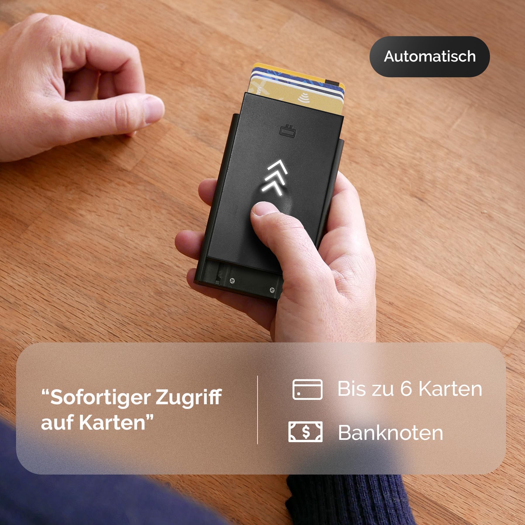 ÖGON -DESIGNS- Automatischer kartenhalter aus Aluminium mit RFID Schutz, originelle, schlanke und minimalistische geldbörse für Herren und Damen, kapazität 1 bis 6 Karten, Modell Slider