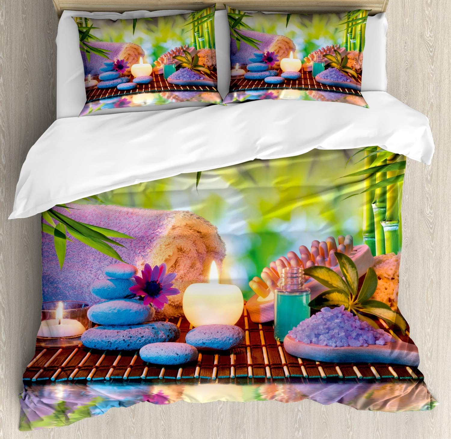 Ambesonne Spa Themed Duvet Cover Set, Stones Candles and Eastern Folk Relaxation Themed Botanical Trees Scene Print, Decorative 3 Piece Bedding Set with 2 Pillow Shams, Queen Size, Multicolor