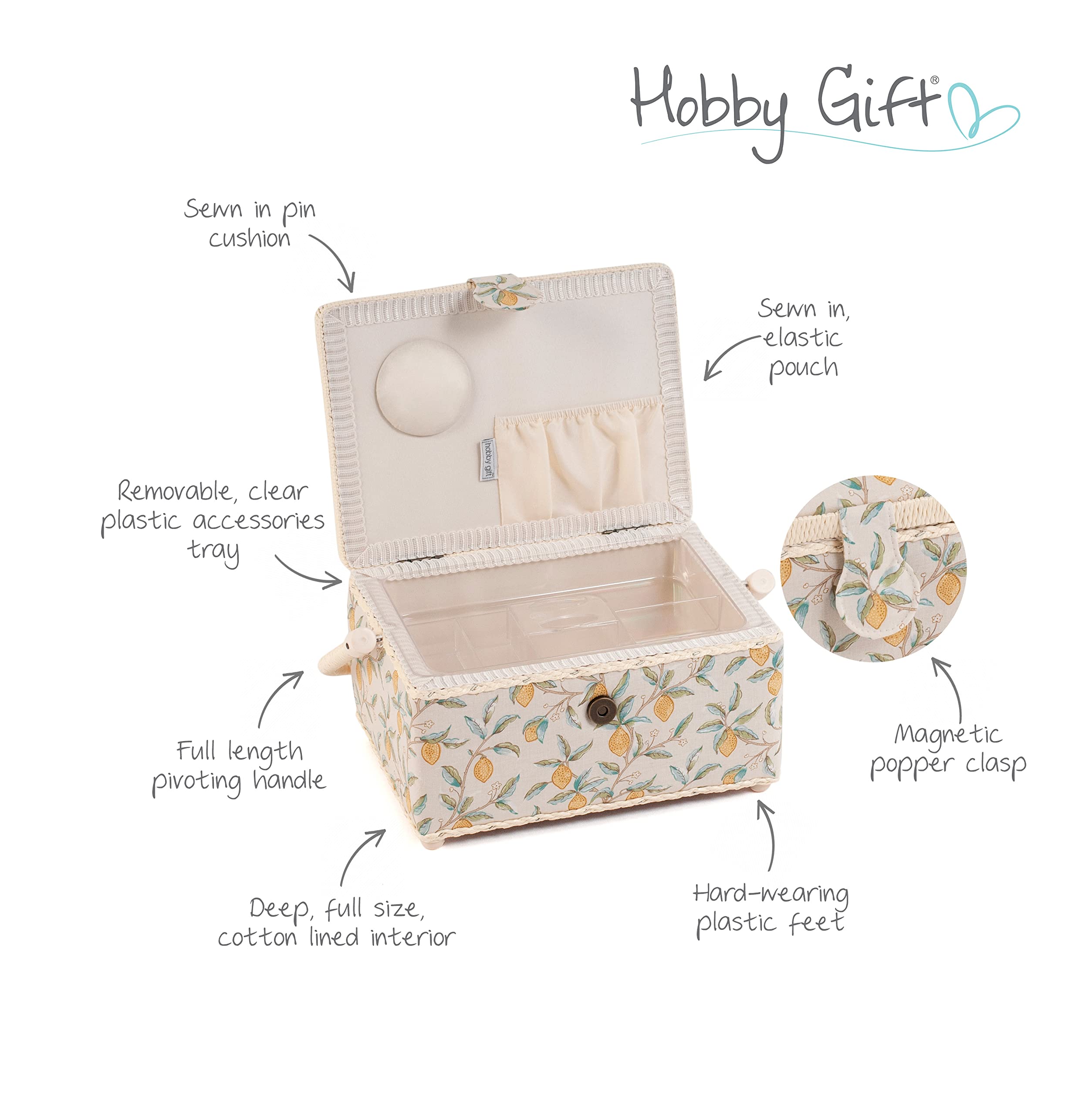 Hobby Gift Boîte de rangement moyenne pour couture et loisirs créatifs Bois/Tissu, Morris citrons