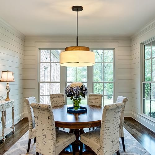Miniatura 8 de Lámpara colgante de granja de 3 luces, lámpara colgante de tambor de 2 niveles con pantalla de tela de 13 pulgadas, lámpara colgante rústica para