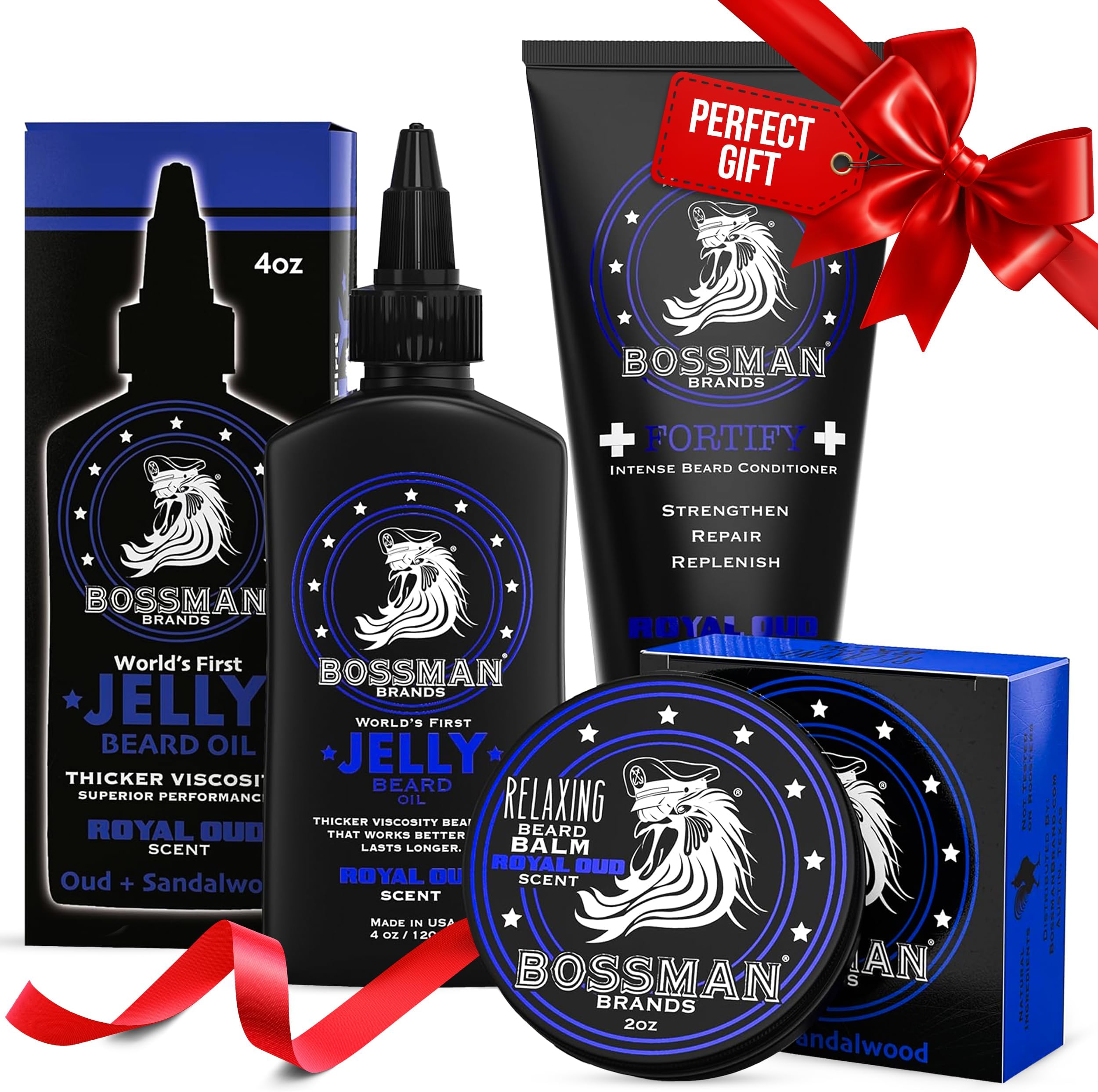 Essentials Beard Kit for Men, Set of 3 - Beard Oil Jelly, Fortifying Conditioner Cream, Beard Balm - Grooming Growth Care Accessories - Gift Set for Men (Royal Oud)