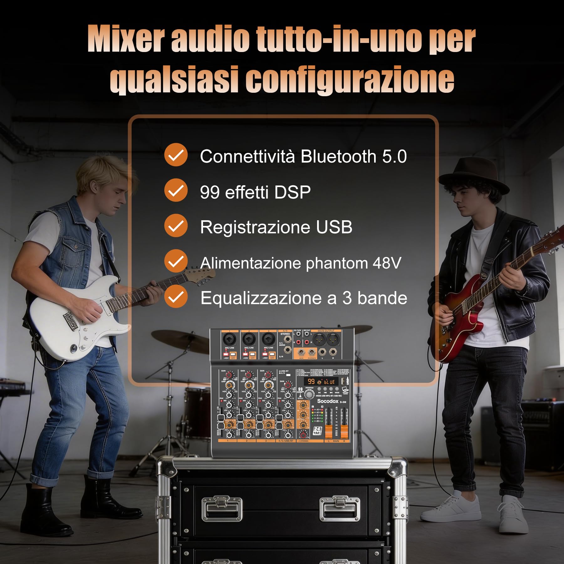 Mixer audio a 5 canali con Bluetooth e 99 effetti DSP per streaming | 48V fantôme, EQ 3 bandes, enregistrement USB, entrées stéréo, faible bruit, gain, jack casque pour église, karaoké, live
