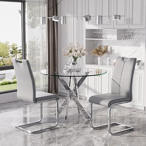 Miniatura 20 de Juego de mesa de comedor redonda moderna de vidrio de 36 pulgadas para 4, mesa de comedor de vidrio con patas cruzadas de metal, mesa de cocina con