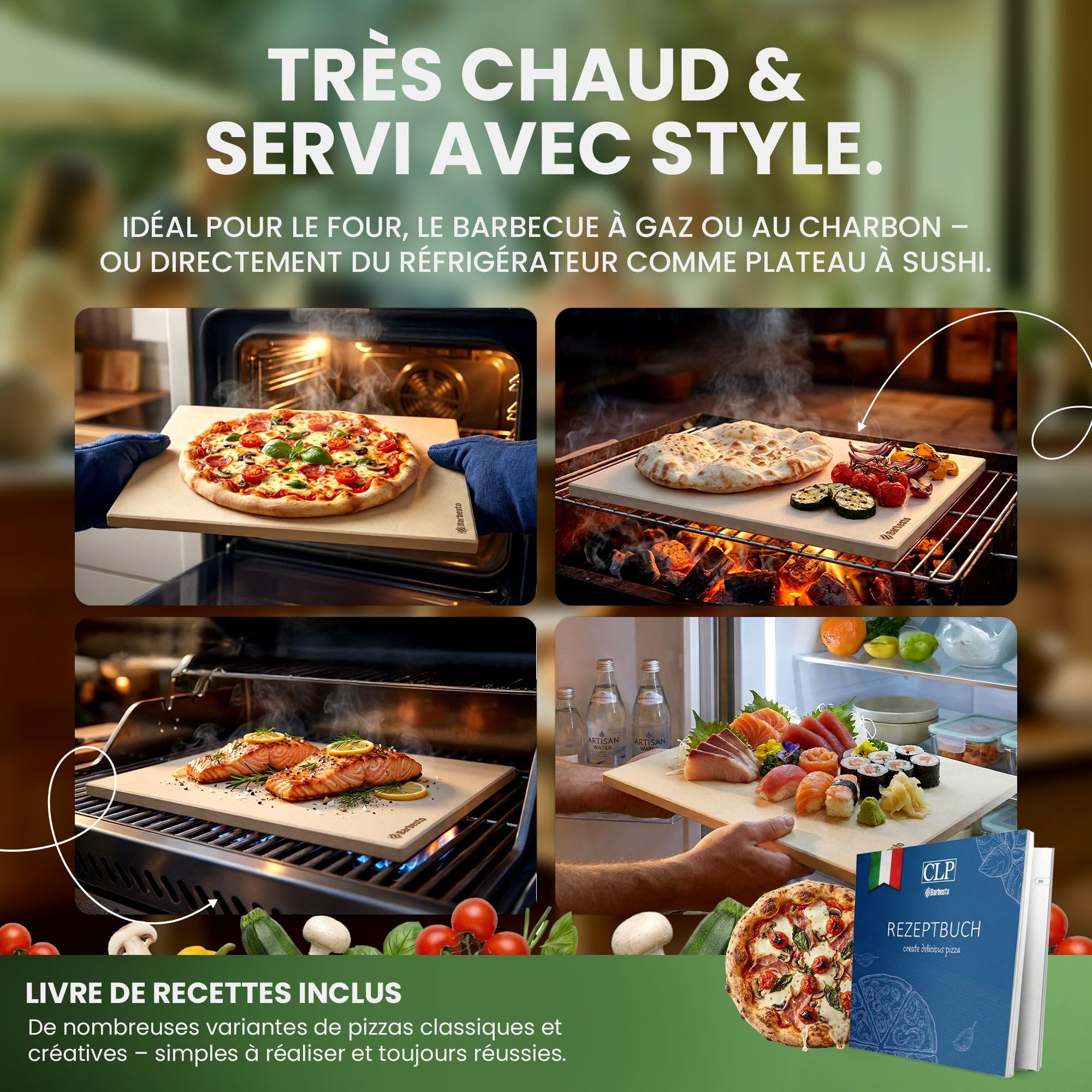 CLP Pierre à pizza pour four et grill 38x30 cm, en cordiérite, résistante jusqu'à 900°C, avec livre de recettes, Taille:38x30 cm