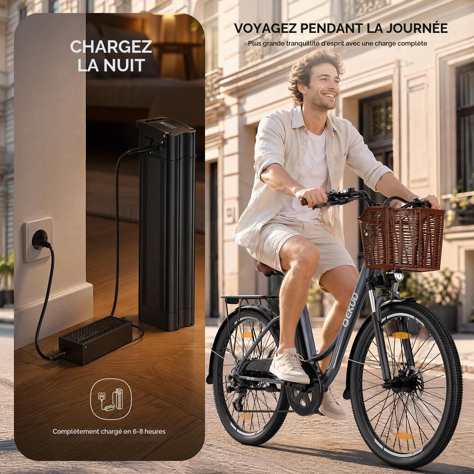 Vélo électrique pour femme/homme 26" avec panier à vélo, vélo de ville de trekking avec batterie 36 V 13 Ah, gris