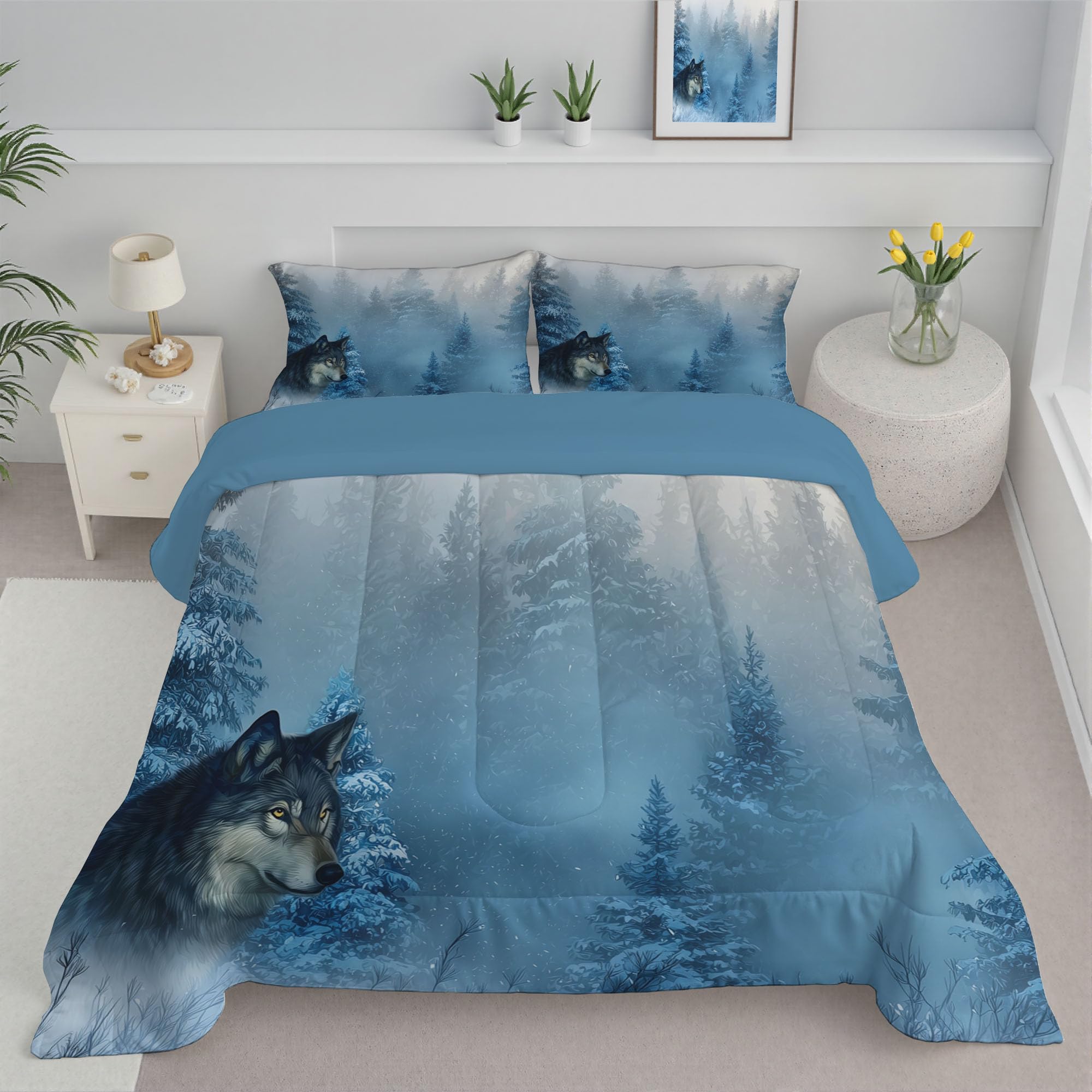 Couette 200X200Cm imprimée loup sauvage réversible avec taies d'oreiller bleu clair
