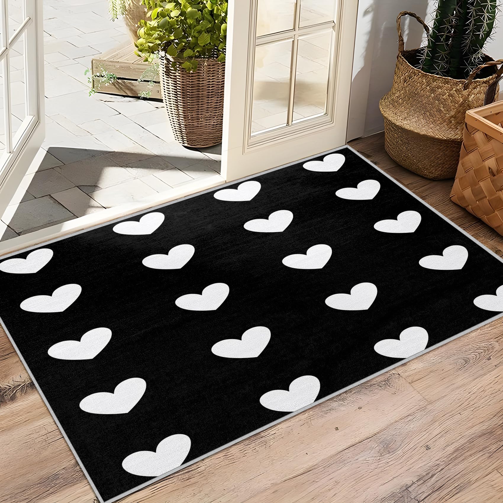 Herz Teppich Wohnzimmer 240x340 Herzen Schwarz Weiß Deko, Großer Teppich Kurzflor, Weich rutschfest Waschbare Teppiche, Bettvorleger Schlafzimmer Kinderzimmer
