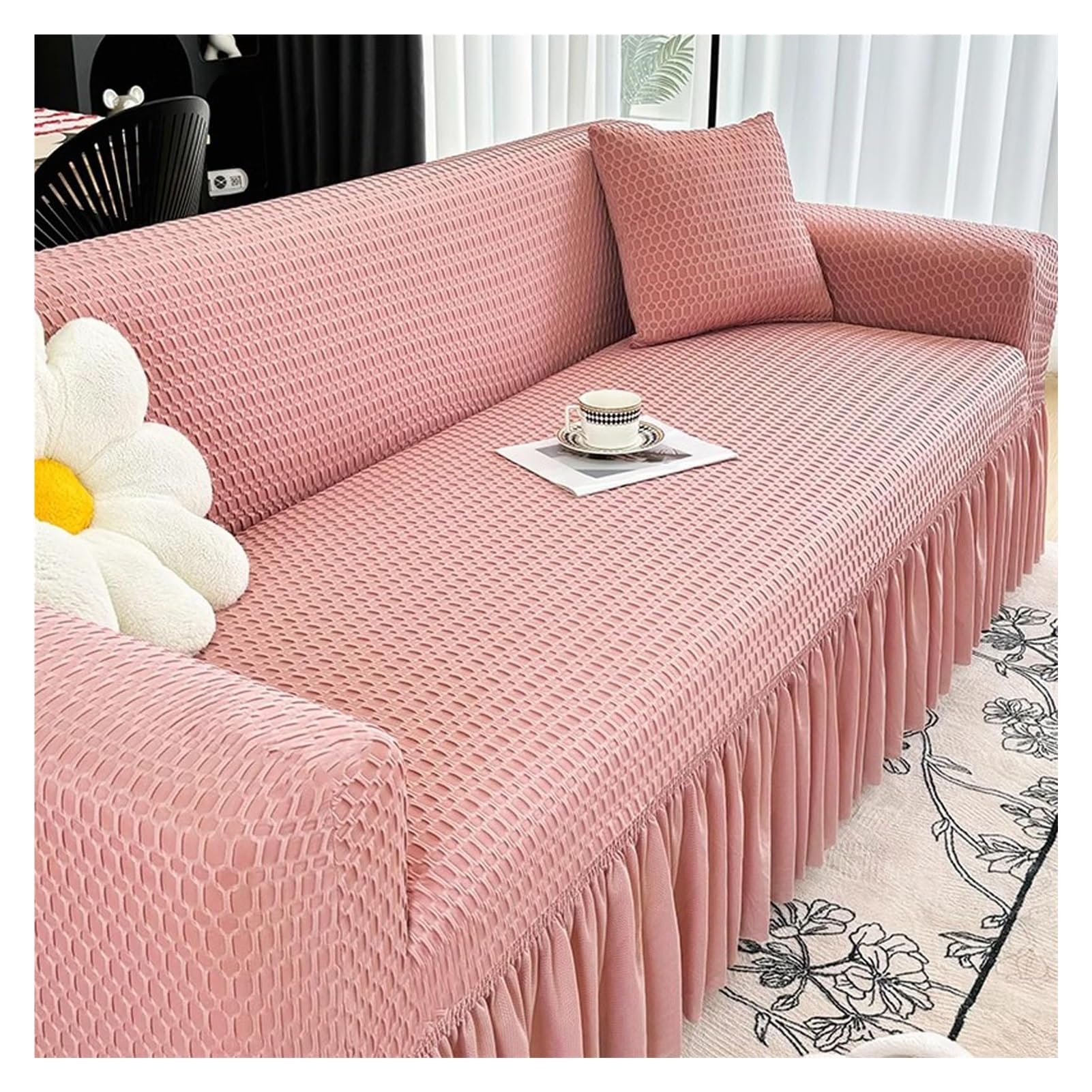 Housse de canapé élastique en velours avec jupe pour canapé modulaire 2 ou 3 places