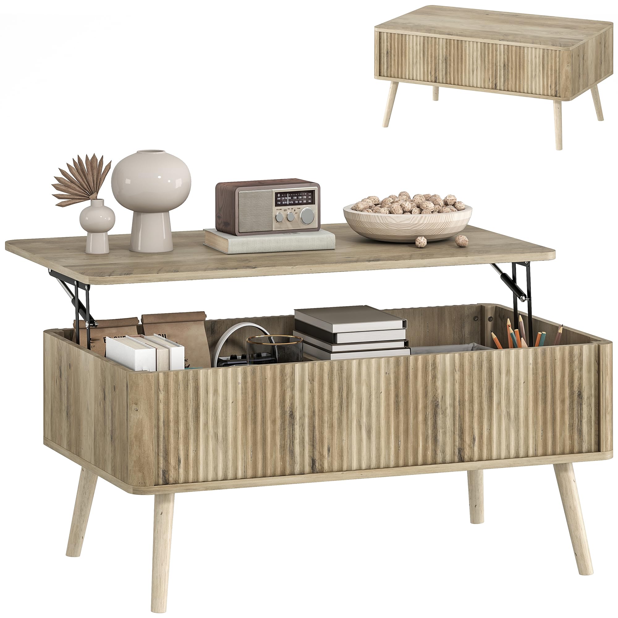 HOMCOM Mesa de Centro Elevable, Mesa de Café para Salón, Comedor, con Compartimentos Ocultos de Almacenaje y Patas de Pino, 91x56-80,5x43-57,5 cm, Roble