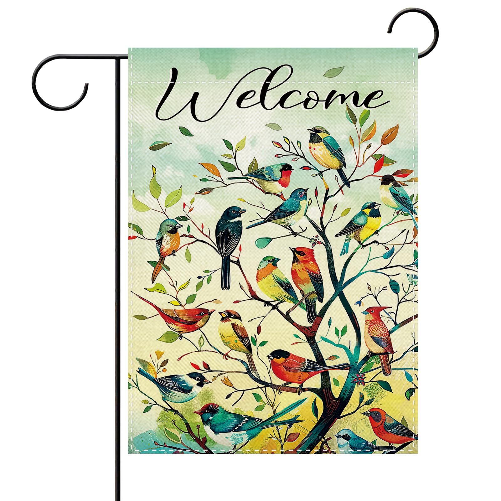Bandera de jardín pequeña con pájaros y árbol para decorar el patio en primavera y verano