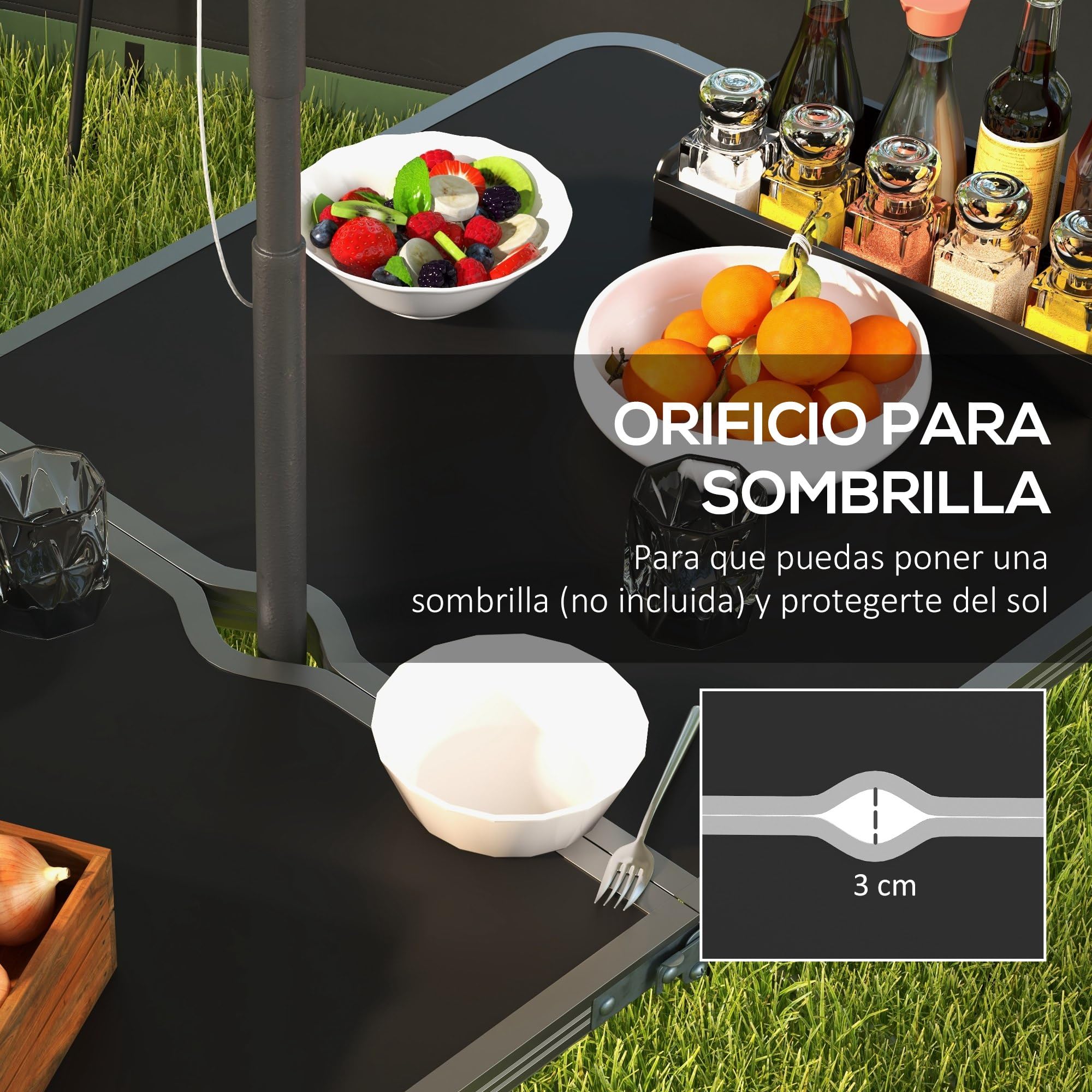 Outsunny Conjunto de Camping de 5 Piezas Mesa para Camping Plegable con Sillas Incluye 1 Mesa Ajuatsble en Altura con Encimera MDF Orificio para Sombrilla 120x60x55-70 cm y 4 Taburetes Plegables Negro