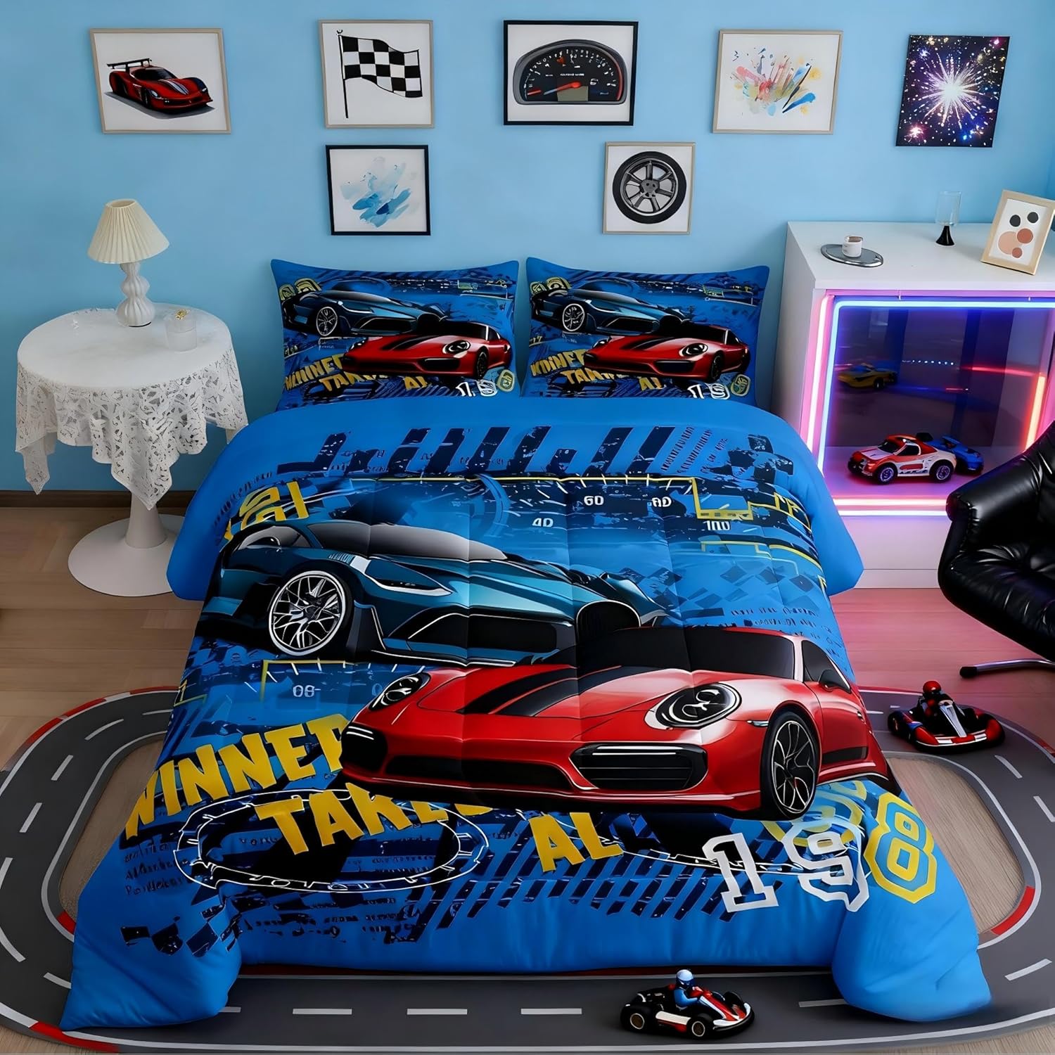 Castle Fairy Sports Car Comforter Set Queen Size,Race Car Bedding Set Kids Young Man,Speed Race Sport Cars Comforter for Teen Child Room Decor,Extreme Sports Theme Quilted Duvet Set with 2 Pillowcase