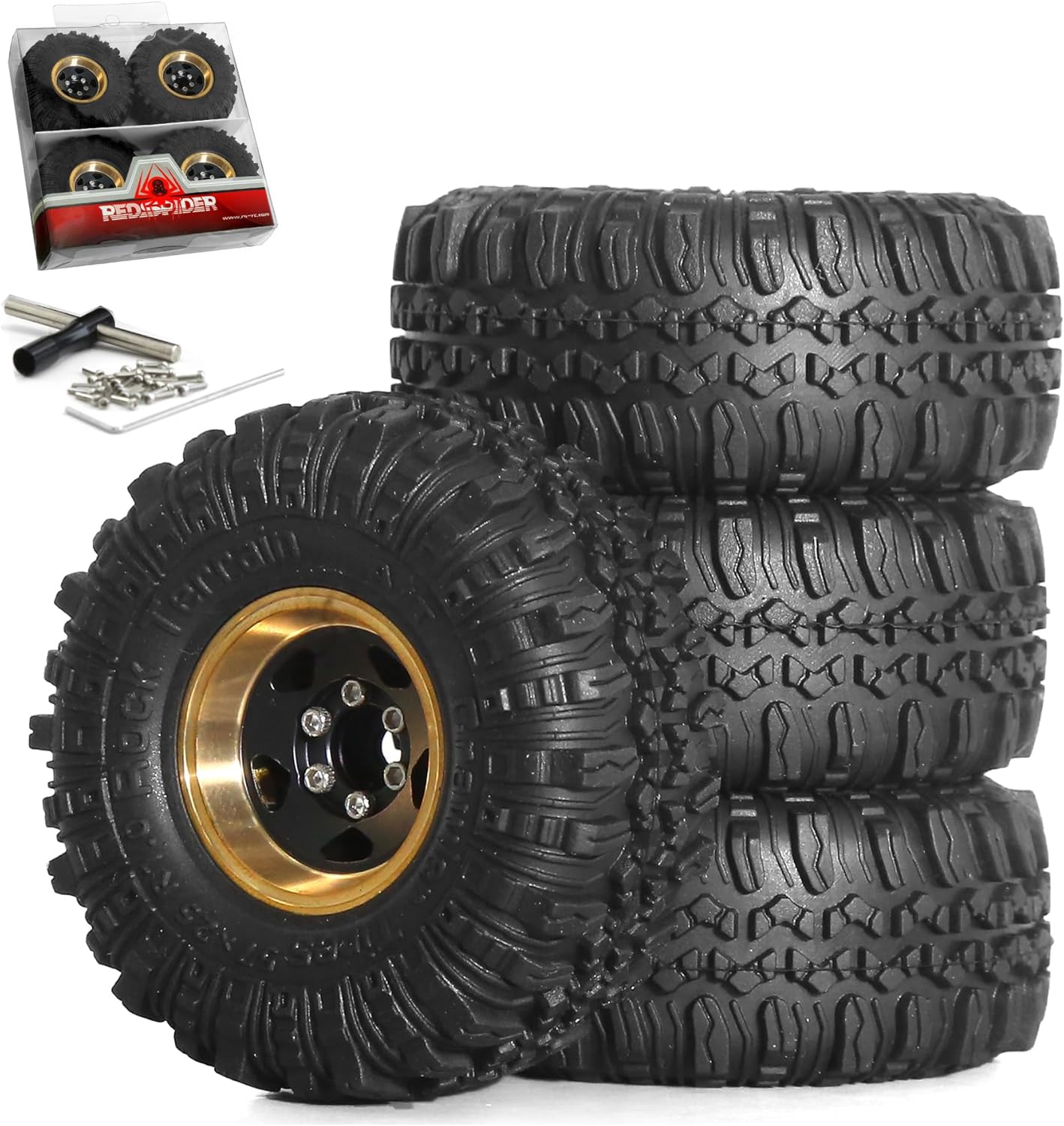 REDSPIDER （4pcs） 1.0 beadlock Wheels and Tires，1.0 Tires Set Has Super Soft Stickiness，Brass Material Wheel hub. 1.0 Crawler Tires for TRX4M Axial AX24 SCX24 FCX24 1/18 1/24 RC Crawler Car (Coppery)