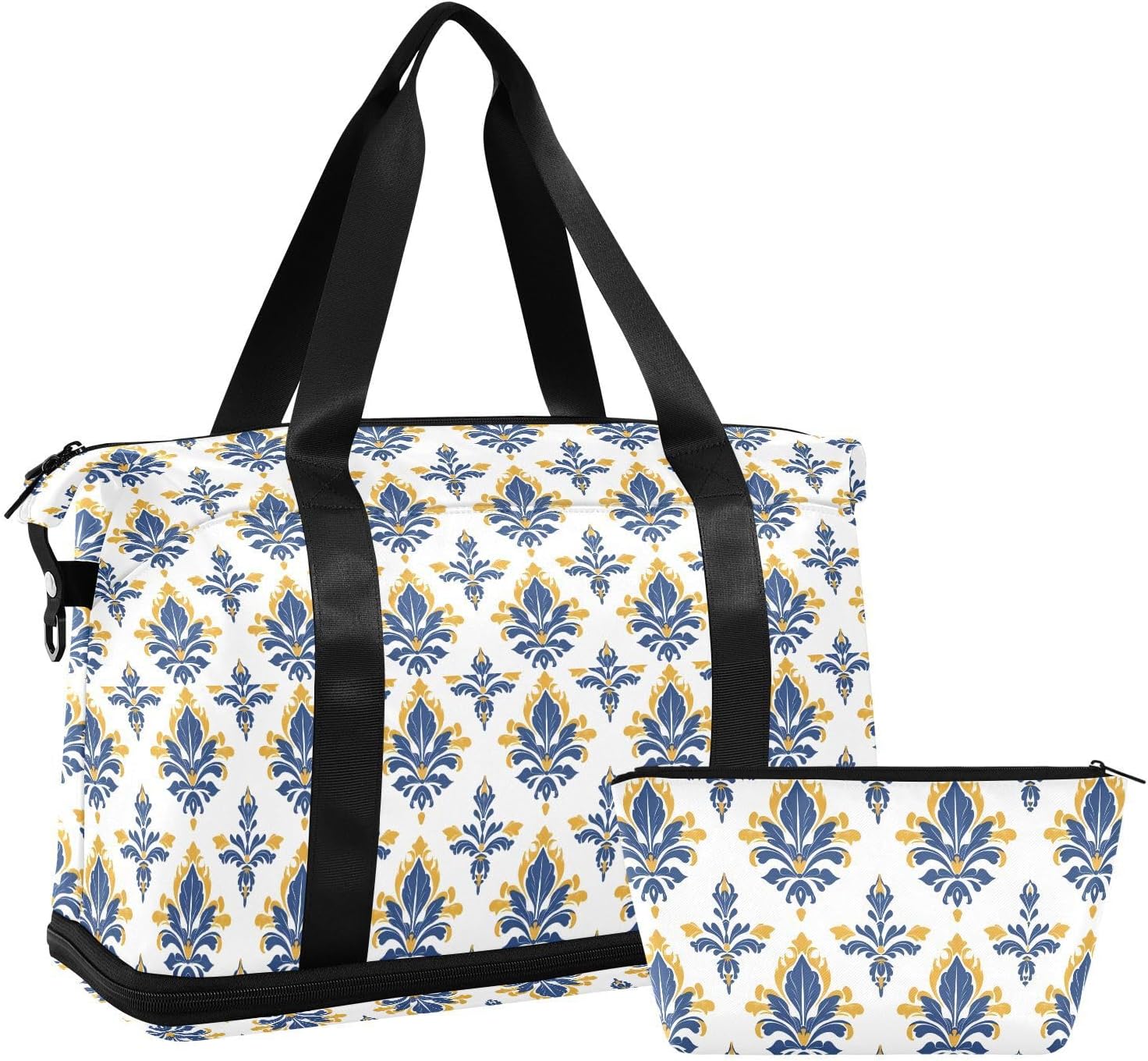 Multifunctional Gym Tote Bag Europen Fleur-de-lis Pattern Blue Gold Carry On Weekend Bag with Adjustable Strap for Workout