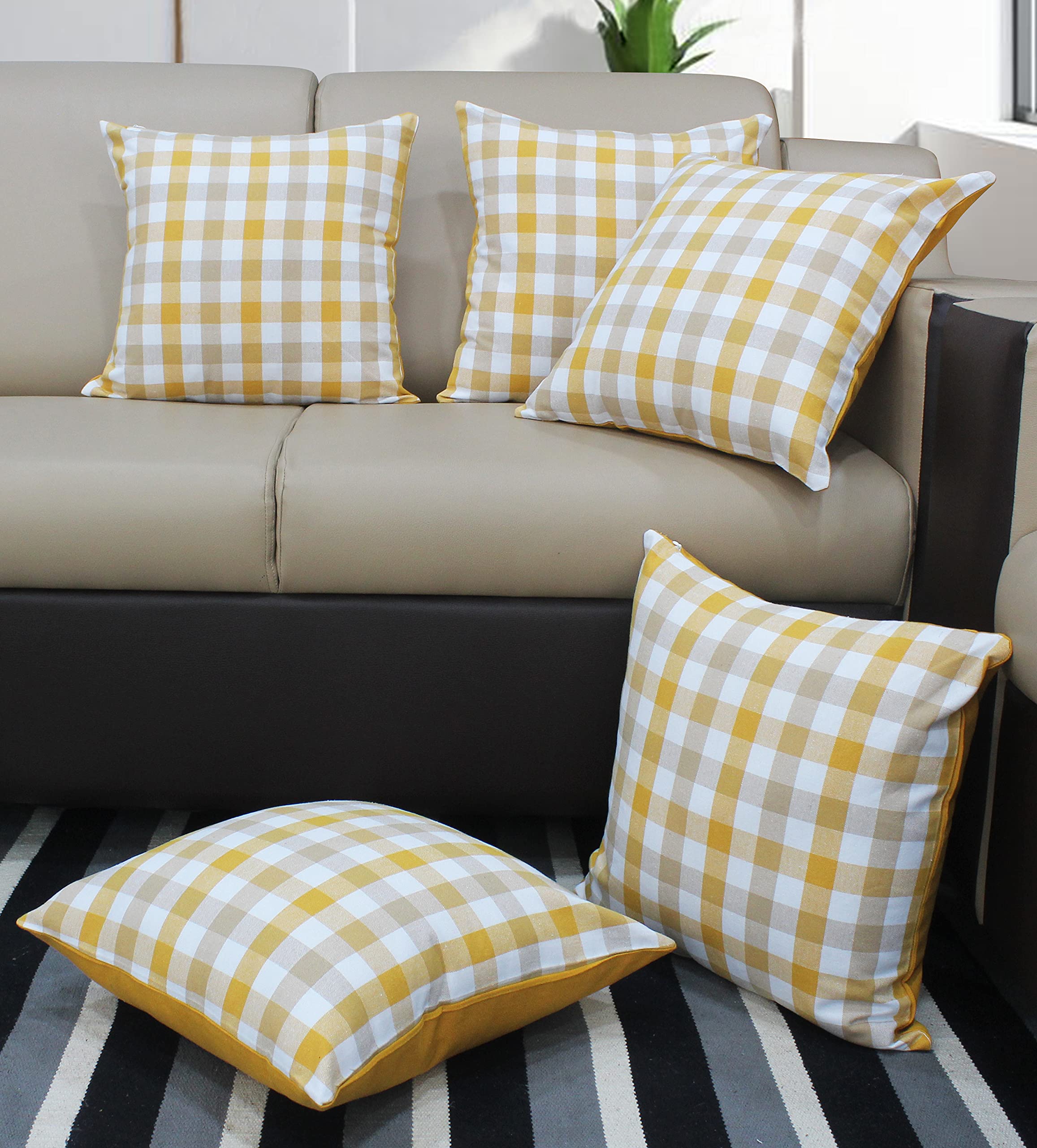 AIRWILL Cotton Lanfrancki Yellow Themed Cushion Covers for Cushions & Pillows (Yellow & Grey, Pack of 5)-image-22